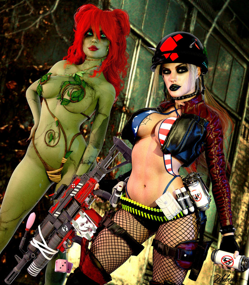 2girls 3d 3d_(artwork) batman_(series) big_breasts breasts busty dc dc_comics eyebrows eyelashes eyes female female_only fishnet_pantyhose fishnets green-skinned_female green_body green_skin gun hair harley_quinn light-skinned_female light_skin lips makeup multiple_girls nude_female pamela_isley pantyhose poison_ivy red_hair supervillain supervillainess tattoos thighs villain villainess voluptuous voluptuous_female waist wide_hips zulubean