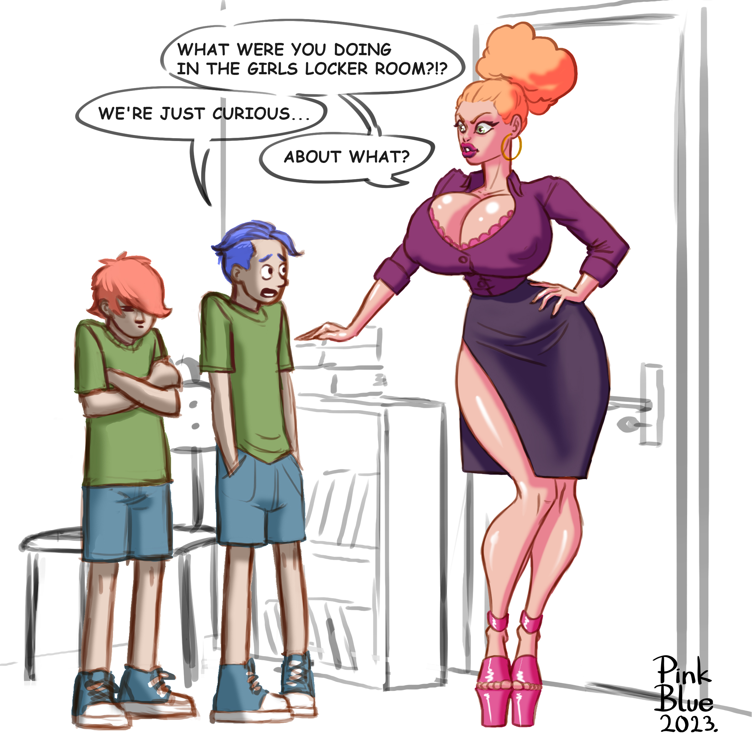 1girls, 2boys, age difference, ass, big ass, big breasts, big lips, bimbo, bimbo lips, breasts, cleavage, english text, exposed breasts, female, high heels, hoop earrings, hourglass figure, large breasts, lipstick, makeup, male, milf, orange hair, pink blue 23, platform heels, red hair, school, simple background, size difference, skirt, speech bubble, stiletto heels, student and teacher, teacher, teacher female, text, thick hips, thick lips
