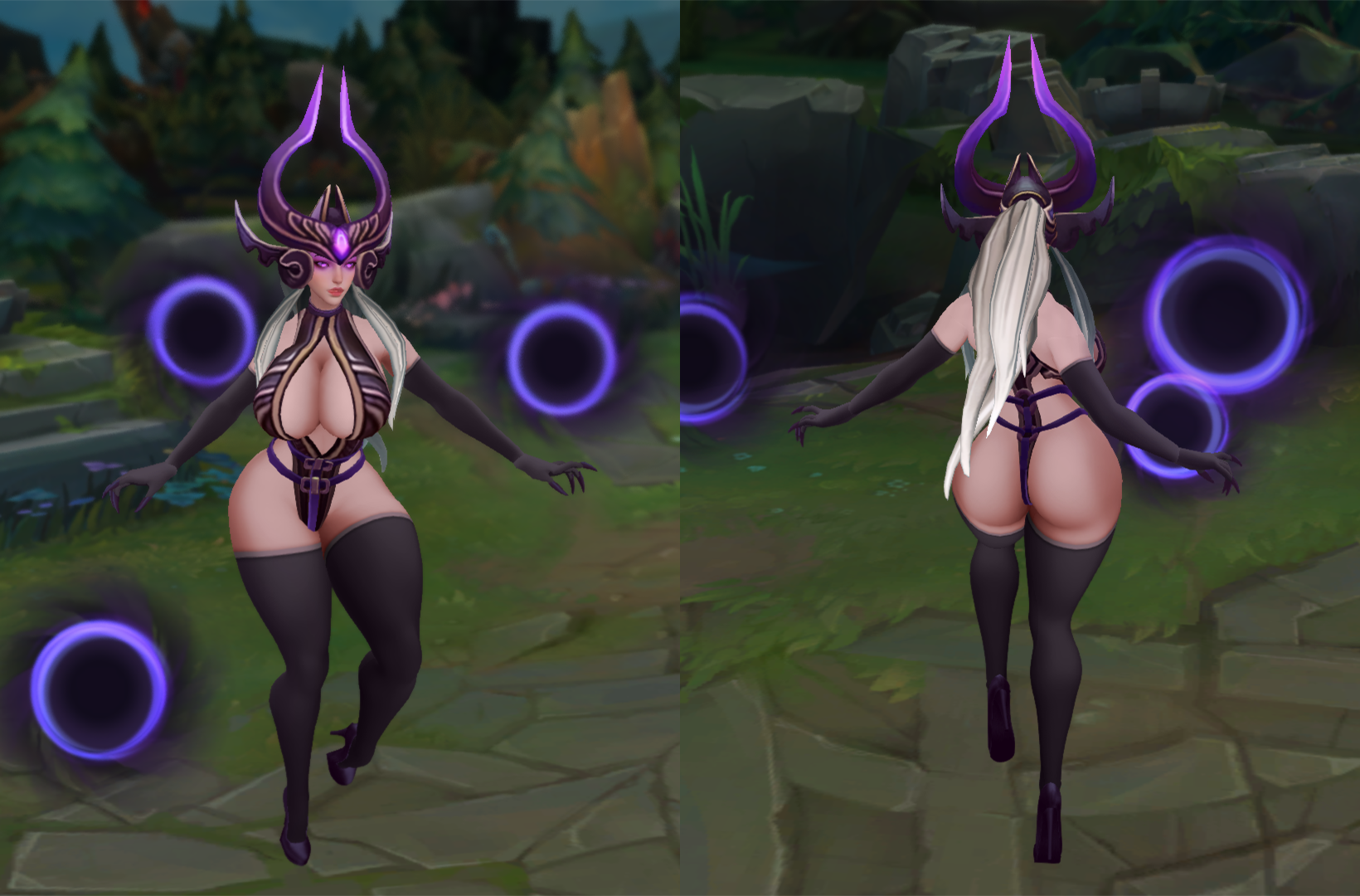 abdomera, ass, big breasts, breasts, elbow gloves, female, high heels, league of legends, mod, syndra, thick thighs, thighhighs, white hair