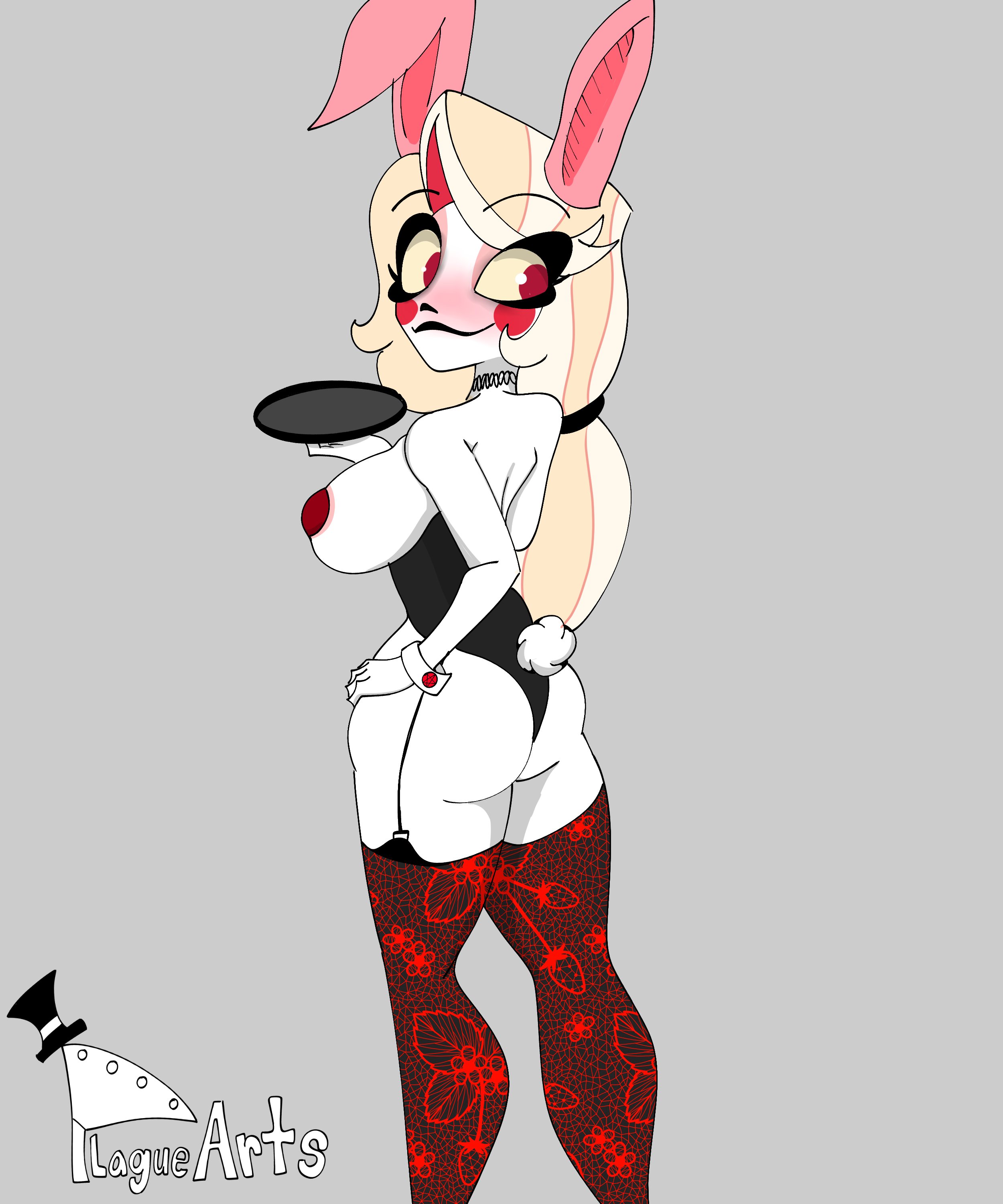 1girls, ass, big breasts, blonde hair, blush, breasts, bunny ears, bunnysuit, charlie morningstar (hazbin hotel), demon, demon girl, female, female only, hazbin hotel, high heels, light skin, light-skinned female, long hair, looking back, pale skin, pale-skinned female, pasties, red cheeks, reverse bunnysuit, sideboob, smile, solo, solo female, theplagueart, thick thighs, thighhighs, vivienne medrano, white skin