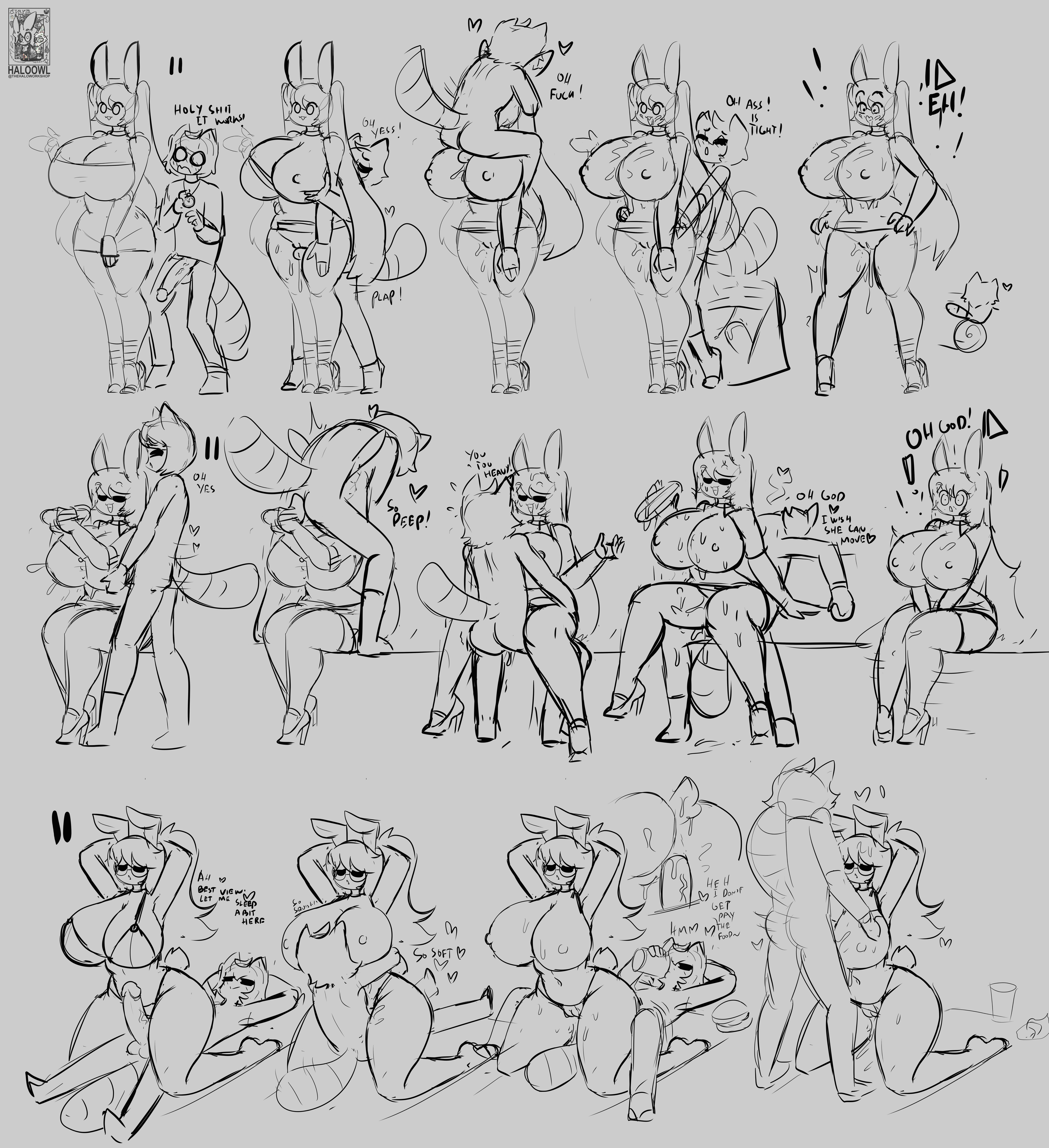 breasts, bursting breasts, collage, cum, cum in pussy, fellatio, female, frozen in time, haloowl, high heels, huge breasts, impregnation risk, lulu (rabbit lulu), male, monochrome, paizuri, paizuri under clothes, perpendicular paizuri, pussy, rabbit, rabbit ears, rape, riding, sex, sideways, sketch, smaller male, surprised, tagme, time stop