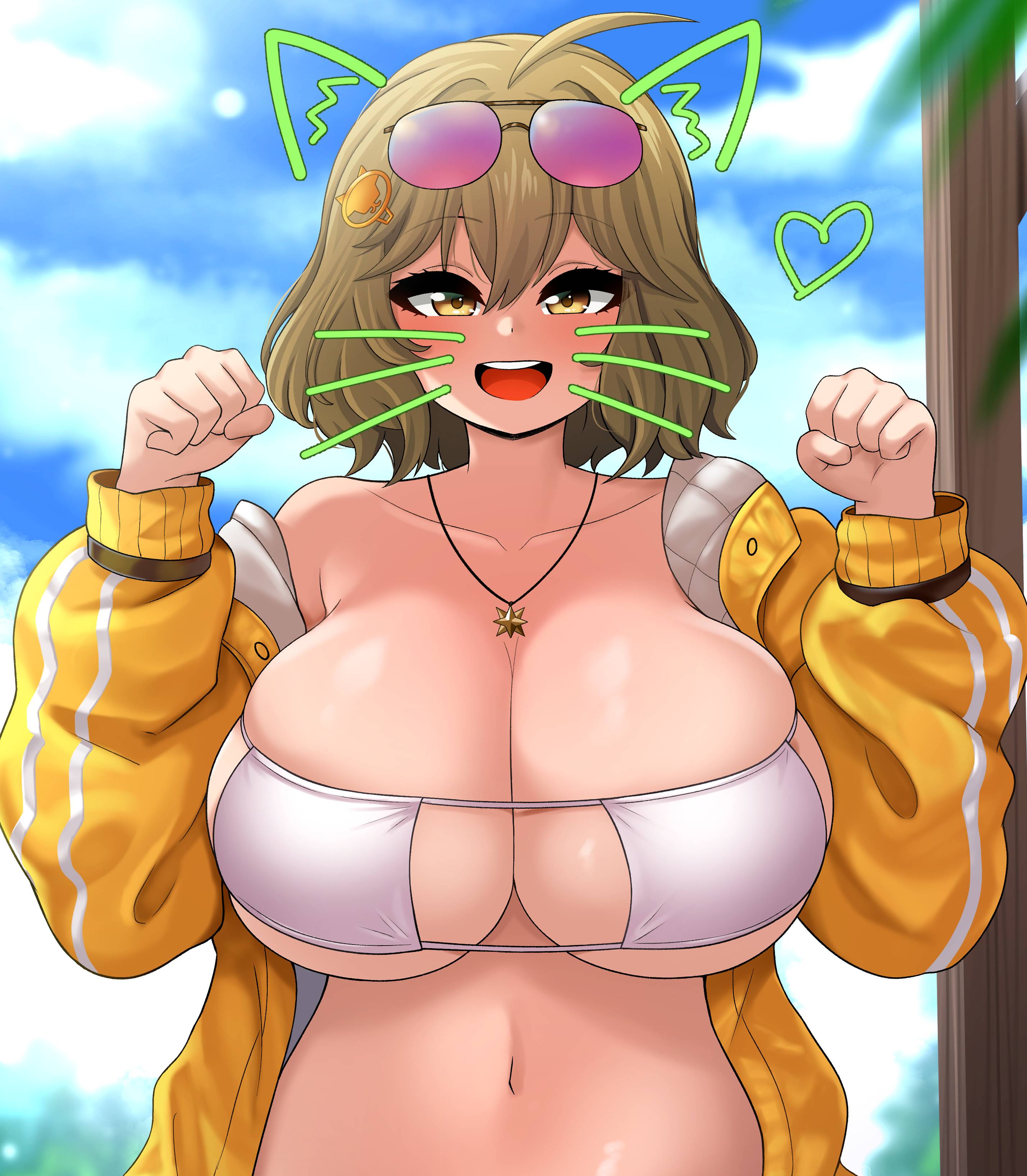 1girls, anis (nikke), anis (sparkling summer) (nikke), bikini, breasts, brown eyes, brown hair, cleavage, eyepatch bikini, female, goddess of victory: nikke, huge breasts, light skin, light-skinned female, short hair, smile, the only shoe, white bikini