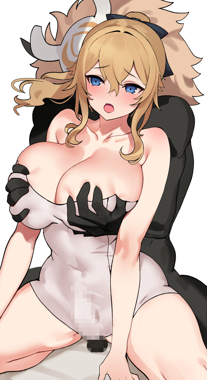 1boy bare_shoulders blonde_hair blue_eyes blush breast_grab breasts bulge censored cleavage commission covered_navel female genshin_impact grabbing grabbing_another's_breast grabbing_from_behind hair_between_eyes highres hilichurls_(species) jean_gunnhildr large_breasts long_hair mosaic_censoring ndgd off-shoulder_one-piece_swimsuit off_shoulder one-piece_swimsuit open_mouth penis pixiv_commission ponytail sidelocks simple_background strapless swimsuit tube_top white_swimsuit