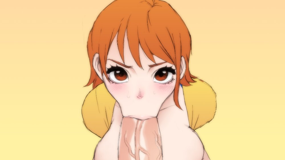 :>=, 1boy, 1girls, blowjob, brown eyes, fellatio, female, female focus, jay-marvel, light skin, light-skinned female, light-skinned male, male, monkey d luffy, nami (one piece), one piece, oral, orange hair, orange-haired female, pov, pre-timeskip