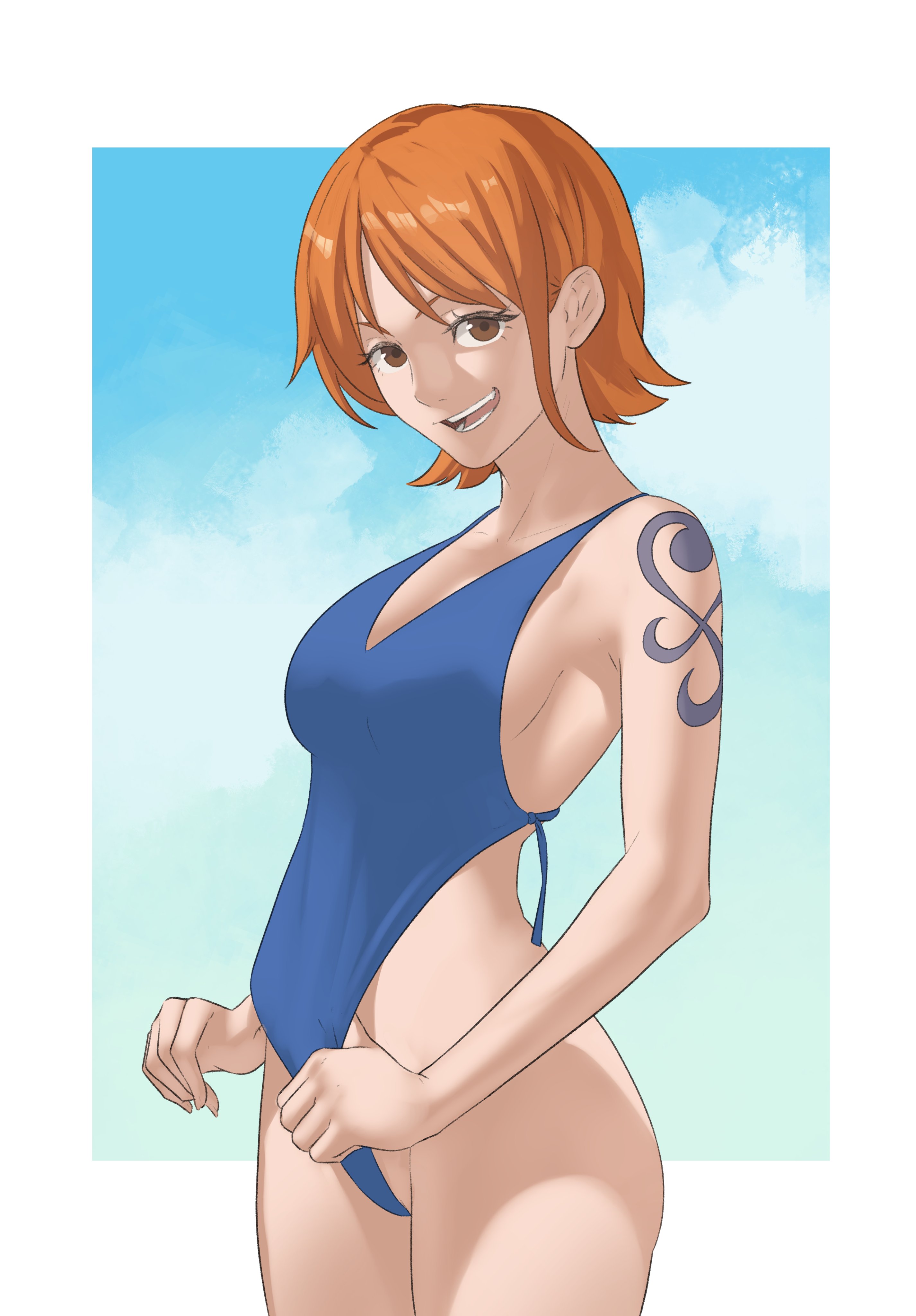 1girls, absurdres, alternate costume, arm tattoo, armpits, blue one-piece swimsuit, blue tattoo, breasts, brown eyes, female, female only, highres, looking at viewer, medium breasts, nami (one piece), one piece, one-piece swimsuit, open mouth, orange hair, orange-haired female, outdoors, pomelomelon, pre-timeskip, short hair, sideboob, simple background, sky, smile, solo, swimsuit, tattoo, thighs