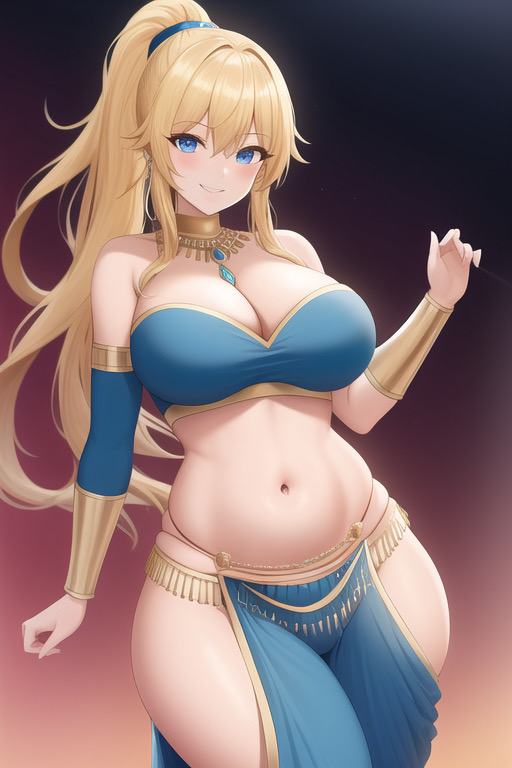 1girls ai_generated belly_dancer belly_dancer_outfit blonde_hair blue_eyes cleavage detached_sleeves harem_girl harem_outfit huge_breasts loincloth metroid nintendo ponytail samus_aran transformationwitch