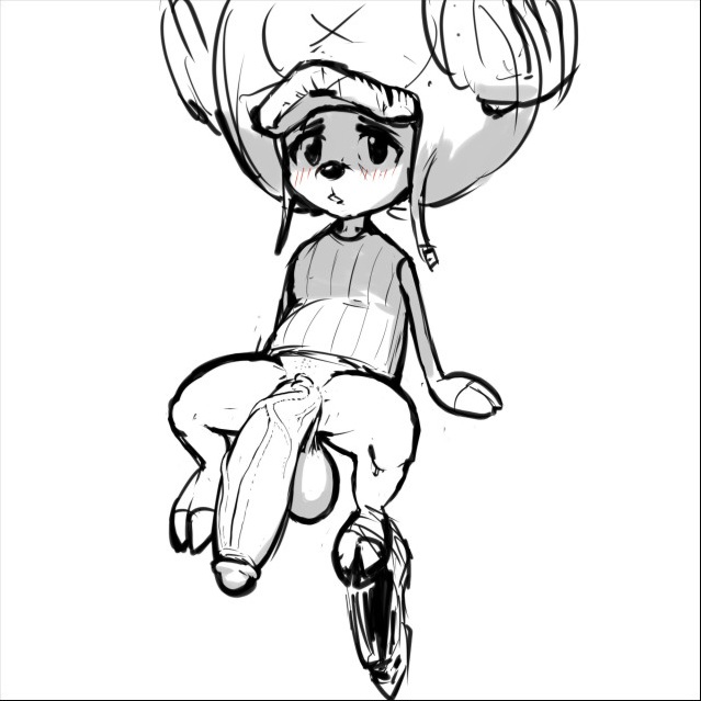 anthro antlers balls big_balls big_penis boner deer erection furry huge_cock male male_only monochrome one_piece pantsless penis reindeer septicemic_(artist) sitting small_but_hung solo solo_male spread_legs tony_tony_chopper