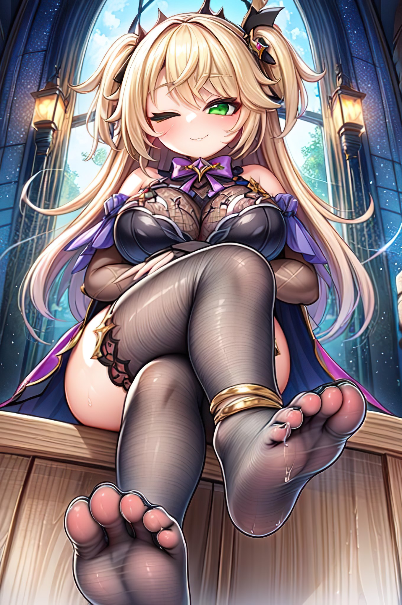 1girls, 5 toes, ai generated, alternate breast size, black legwear, blonde hair, blush, breasts, clothed, crossed legs, feet, female, female focus, female only, fischl (genshin impact), foopanthia, foot fetish, foot focus, footwear, from below, genshin impact, green eyes, hat, looking at viewer, looking down, one eye closed, sitting, smile, smug, sole female, soles, solo, solo female, solo focus, teasing, thick thighs, thighhighs, thighs, toes