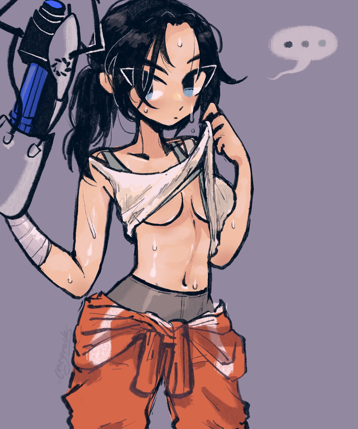 ..., 1girls, 2d, black hair, blue eyes, breasts, chell, cute, female, female only, light skin, light-skinned female, megrocks, ponytail, portal (series), portal gun, solo, speech bubble, sweat, sweating, tagme, underboob, underwear