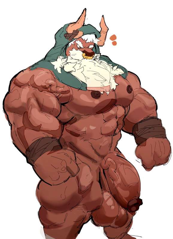 afk_arena akachionmain anthro balls bara barazoku big_balls big_penis bovid bovine bull flaccid furry hood horns male male_only muscles muscular nose_ring nude oku_(afk_arena) penis solo solo_male