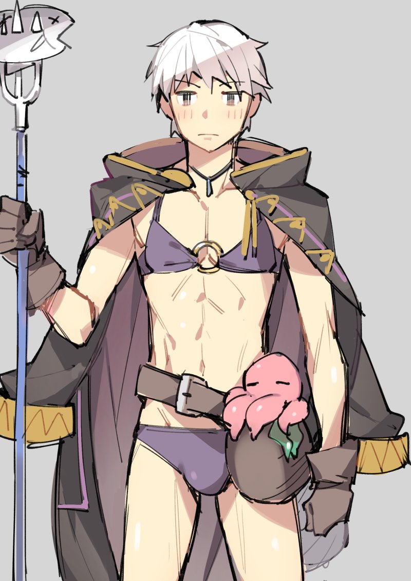 1boy alternate_costume bikini blush bulge cape cosplay fire_emblem fire_emblem_awakening fire_emblem_heroes fish ge-b gebyy-terar gloves looking_at_viewer male_focus navel nintendo o-ring o-ring_bikini octopus purple_bikini purple_swimsuit robin_(fire_emblem) robin_(fire_emblem)_(cosplay) robin_(fire_emblem)_(male) short_hair swimsuit white_hair