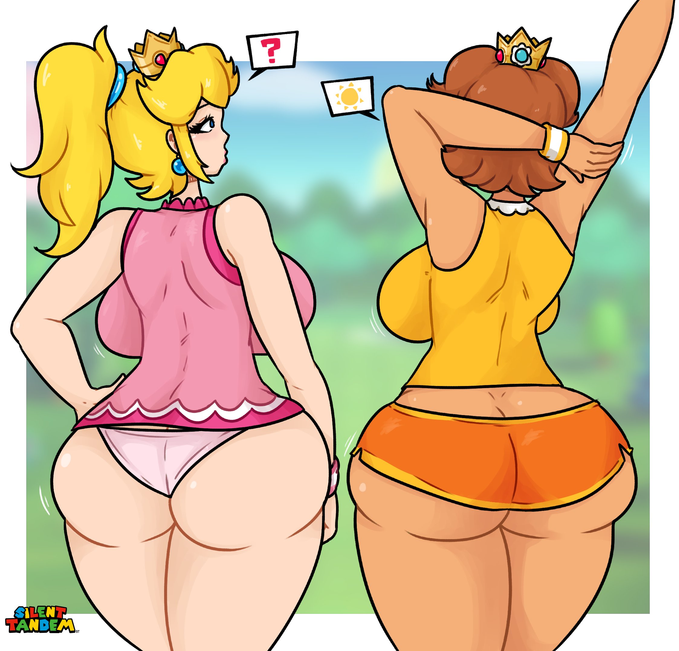 2girls, armpits, arms up, artist logo, artist name, ass, back view, blonde hair, blurry background, breasts, brown hair, clothed, clothing, crown, dark skin, dark-skinned female, earrings, female, female only, from behind, hairband, hand on hip, high resolution, huge ass, huge breasts, mario (series), mario tennis, medium hair, motion lines, multiple females, multiple girls, nintendo, non-nude, outdoors, outside, panties, ponytail, princess daisy, princess peach, shirt, short hair, silenttandem, skirt, sleeveless, sleeveless shirt, source request, speech bubble, sports uniform, sportswear, standing, stretching, thick ass, thick thighs, upskirt, wide hips, wristband