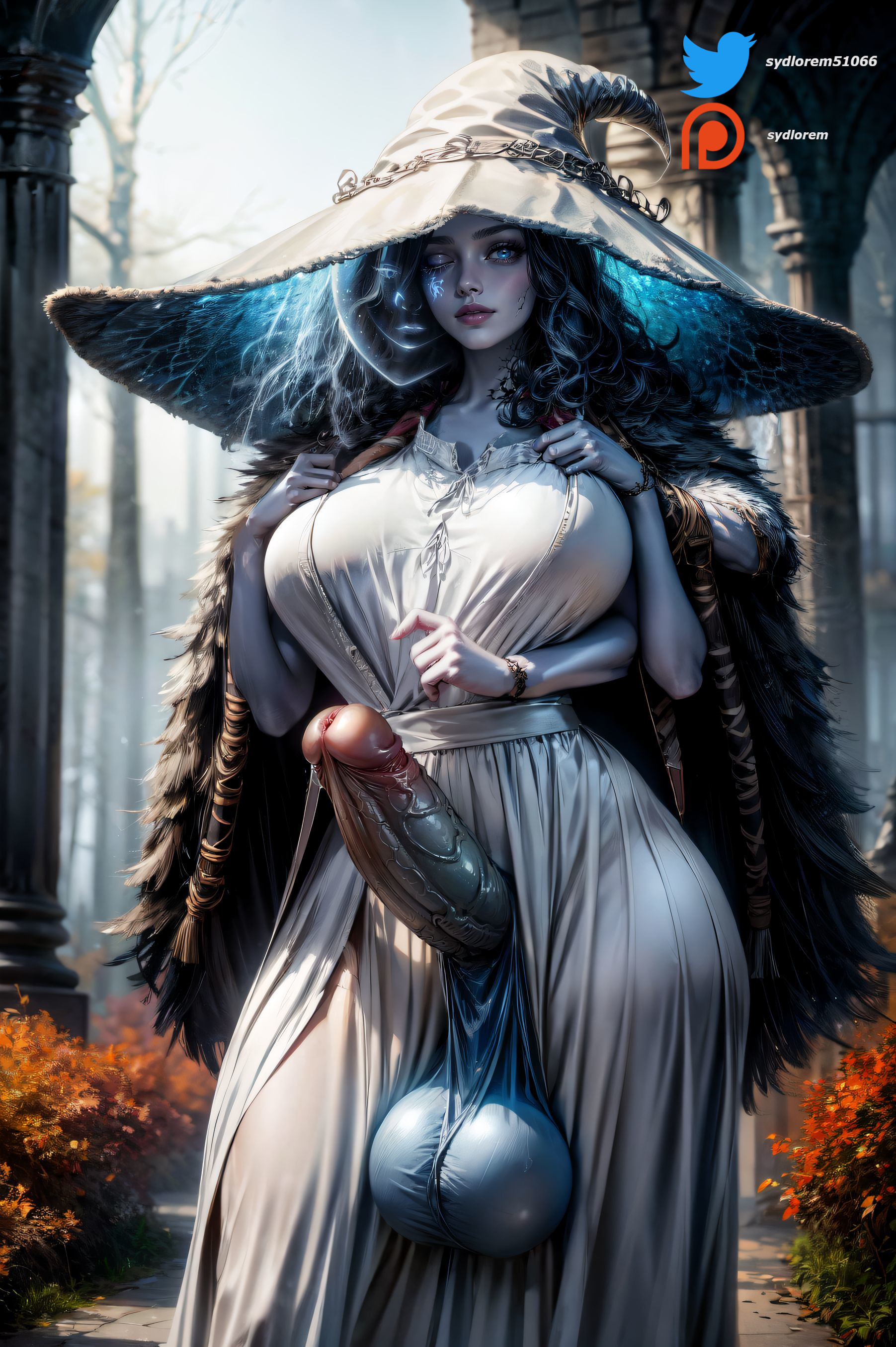 ai generated, balls, blue eyes, blue hair, blue skin, clothing, elden ring, futa only, futanari, hat, huge balls, huge cock, intersex, multi arm, multi face, multi limb, penis, ranni the witch, stable diffusion, sydlorem