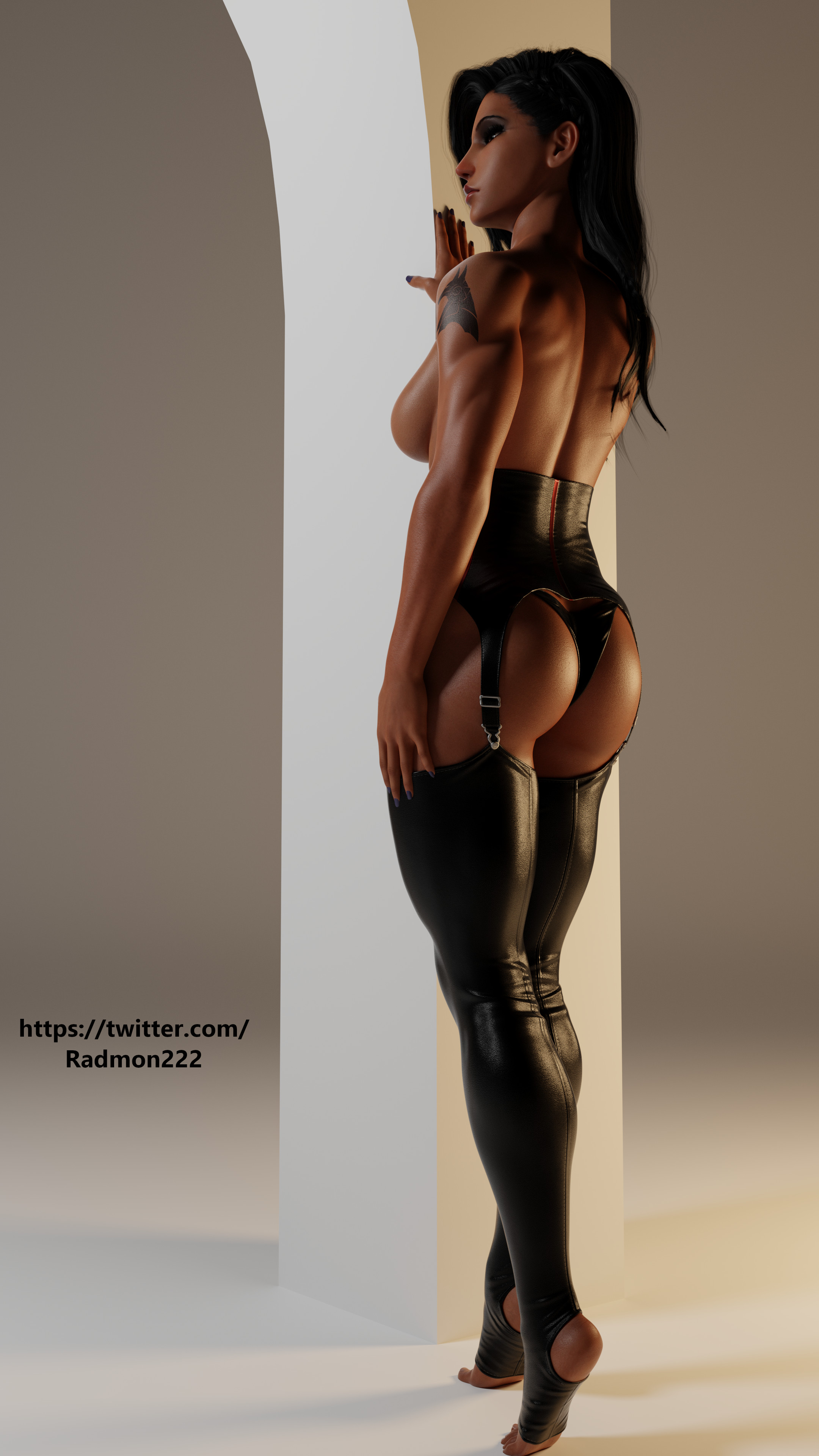 1girls, 3d, ass, athletic, athletic female, blender, brown eyes, brown skin, dark skin, dark-skinned female, dominatrix, female, female only, hi res, leather legwear, legwear, muscular, muscular ass, muscular female, muscular legs, overwatch, overwatch 2, pharah, radmon222, self upload, simple background, solo, solo female, tan body, tan skin