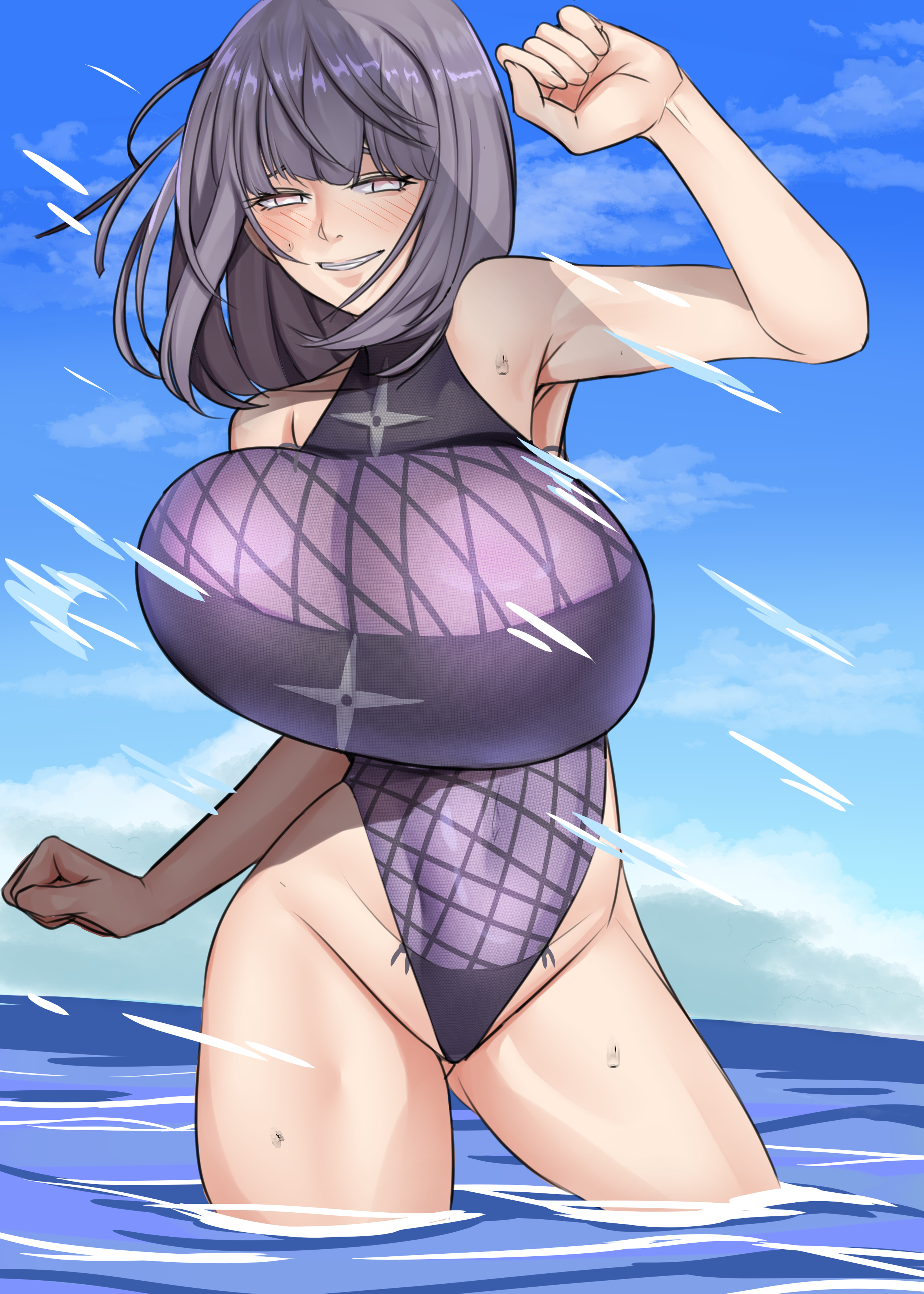 1girls, bare arms, bare shoulders, bare thighs, bathing, big breasts, blush, bob cut, bodysuit, boruto: naruto next generations, bouncing breasts, breasts, busty, cute, female, female focus, female only, fishnet, fishnet bodysuit, fishnets, hi res, high resolution, highres, hinata hyuuga, huge breasts, hyuuga hinata, large breasts, light skin, light-skinned female, mature, mature female, medium hair, milf, narrowed eyes, naruto, naruto (series), ocean, one-piece swimsuit, oppai, pale skin, pale-skinned female, pinup, purple eyes, purple hair, purple swimsuit, shirosuke115, shoulder length hair, shounen jump, smile, smiling, solo, solo female, solo focus, sweat, sweatdrop, sweating, swimsuit, swinging breasts, thick thighs, thighs, tight clothing, uzumaki hinata, voluptuous, voluptuous female, wide hips