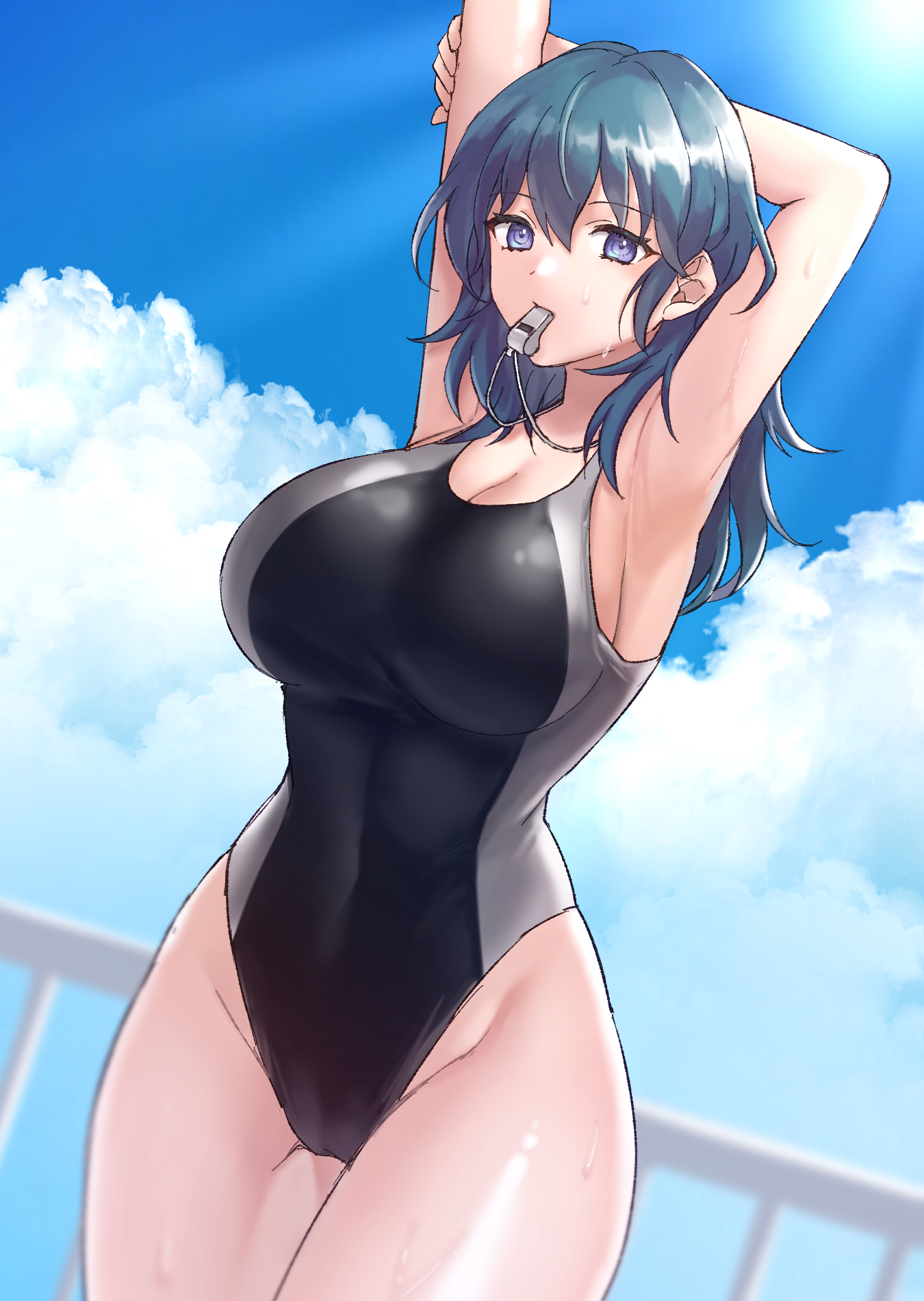 1girls, alternate costume, armpits, arms up, bare arms, black one-piece swimsuit, blue eyes, blue hair, blue sky, breasts, byleth (fire emblem), byleth (fire emblem) (female), cleavage, cloud, commentary request, covered navel, cowboy shot, day, female, female only, fire emblem, fire emblem: three houses, groin, hazuki (nyorosuke), highres, large breasts, long hair, mouth hold, nintendo, one-piece swimsuit, railing, sky, solo, standing, swimsuit, thighs, whistle