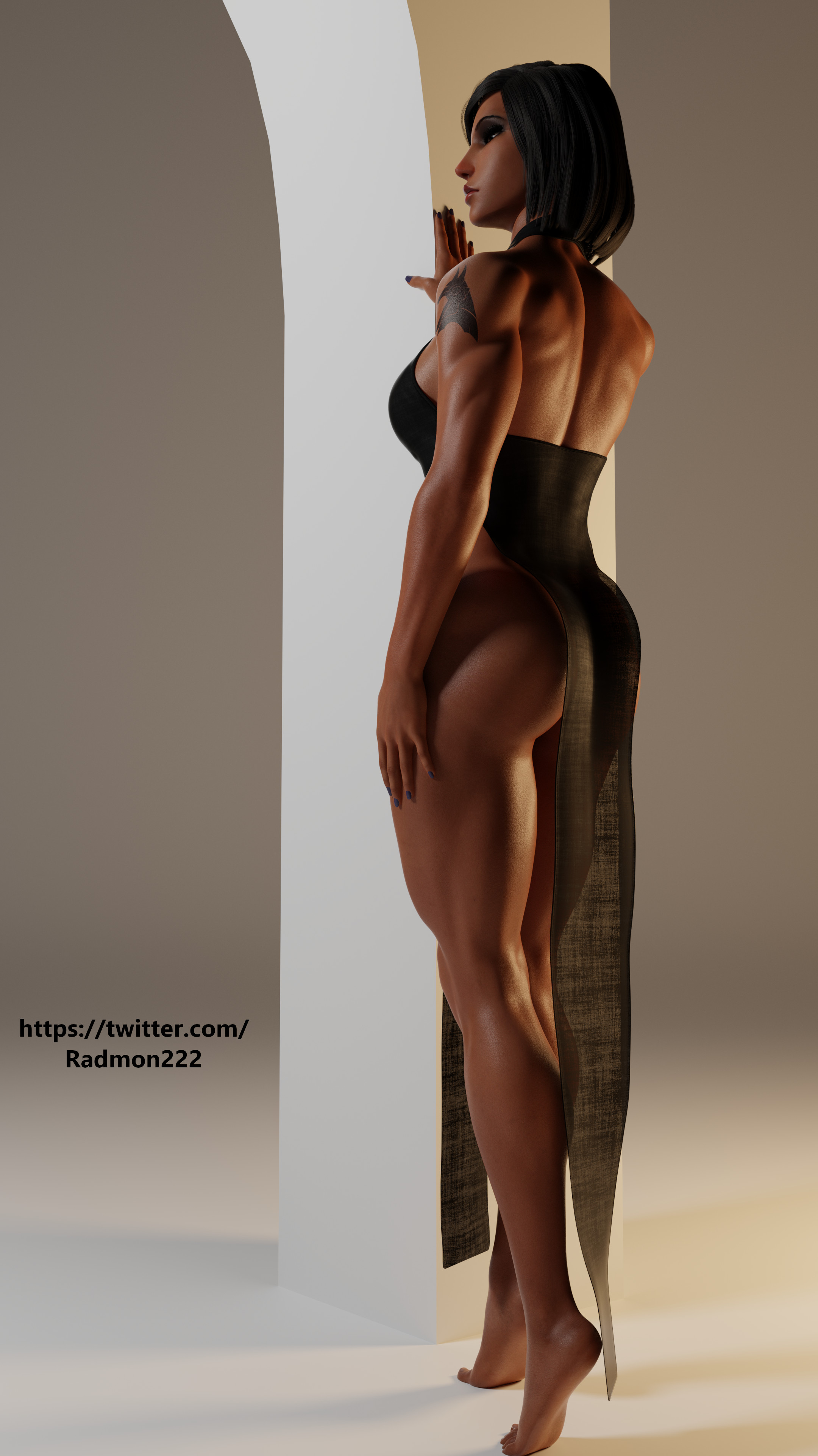 1girls, 3d, ass, athletic, athletic female, blender, brown eyes, brown skin, dark skin, dark-skinned female, dress, female, female only, functionally nude, hi res, muscular, muscular ass, muscular female, muscular legs, overwatch, overwatch 2, pharah, radmon222, self upload, simple background, solo, solo female, tan body, tan skin
