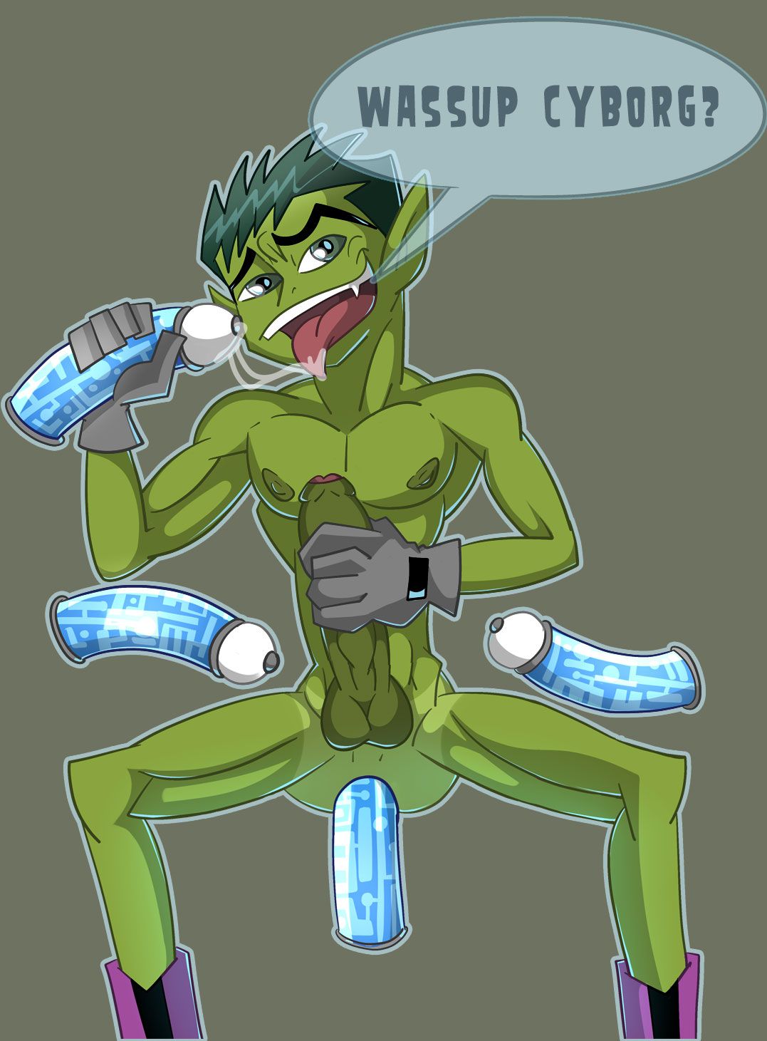 beast_boy beast_boy_(teen_titans) blowjob blowjob_face boner cyborg_(dc) dc dc_comics drool drooling drooling_tongue erection gay gay_sex green green_body green_eyes green_hair green_skin iyumiblue male male/male male_only nude teen_titans tongue_out yaoi