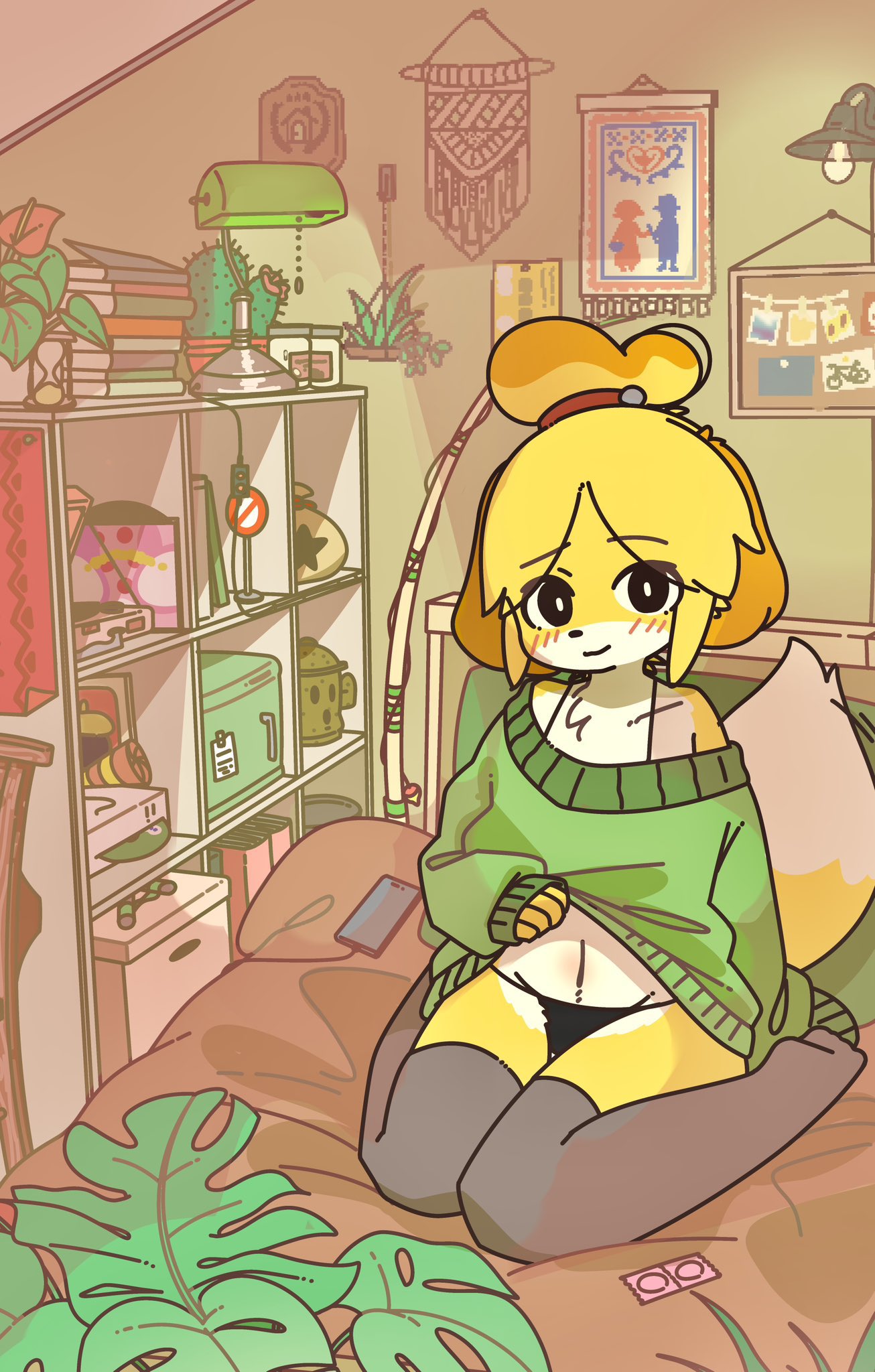 1girls 2023 animal_crossing anthro big_tail black_eyes black_nose black_panties black_socks blush blushing_at_viewer book cactus clothed condom doremifaso64 eyebrows_visible_through_hair female female_only green_clothing green_wall imminent_sex isabelle_(animal_crossing) lamp lifting_shirt long_socks looking_at_viewer panties phone plant socks solo solo_female stop_sign tail yagi_the_goat