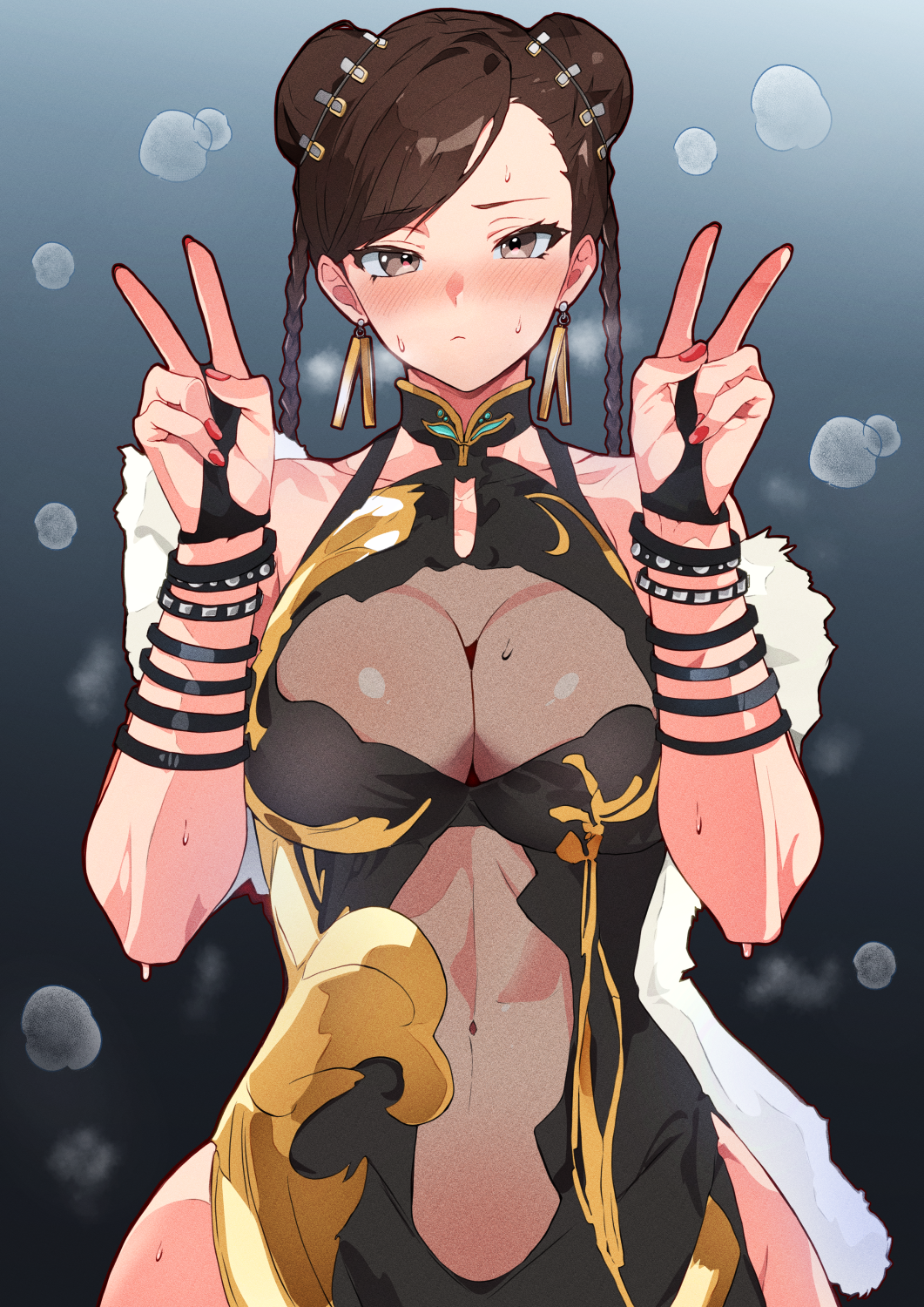 1girls abs black_gloves blush bracelet braid breasts brown_eyes brown_hair capcom chun-li cleavage closed_mouth double_bun double_v dress earrings female female_only fingerless_gloves gloves hair_bun half_gloves highres jewelry large_breasts long_hair looking_at_viewer muscular muscular_female red_nails revealing_clothes see-through see-through_dress solo standing straight-on street_fighter sweat swept_bangs twintails upper_body v wristband yu_ki_ruta60