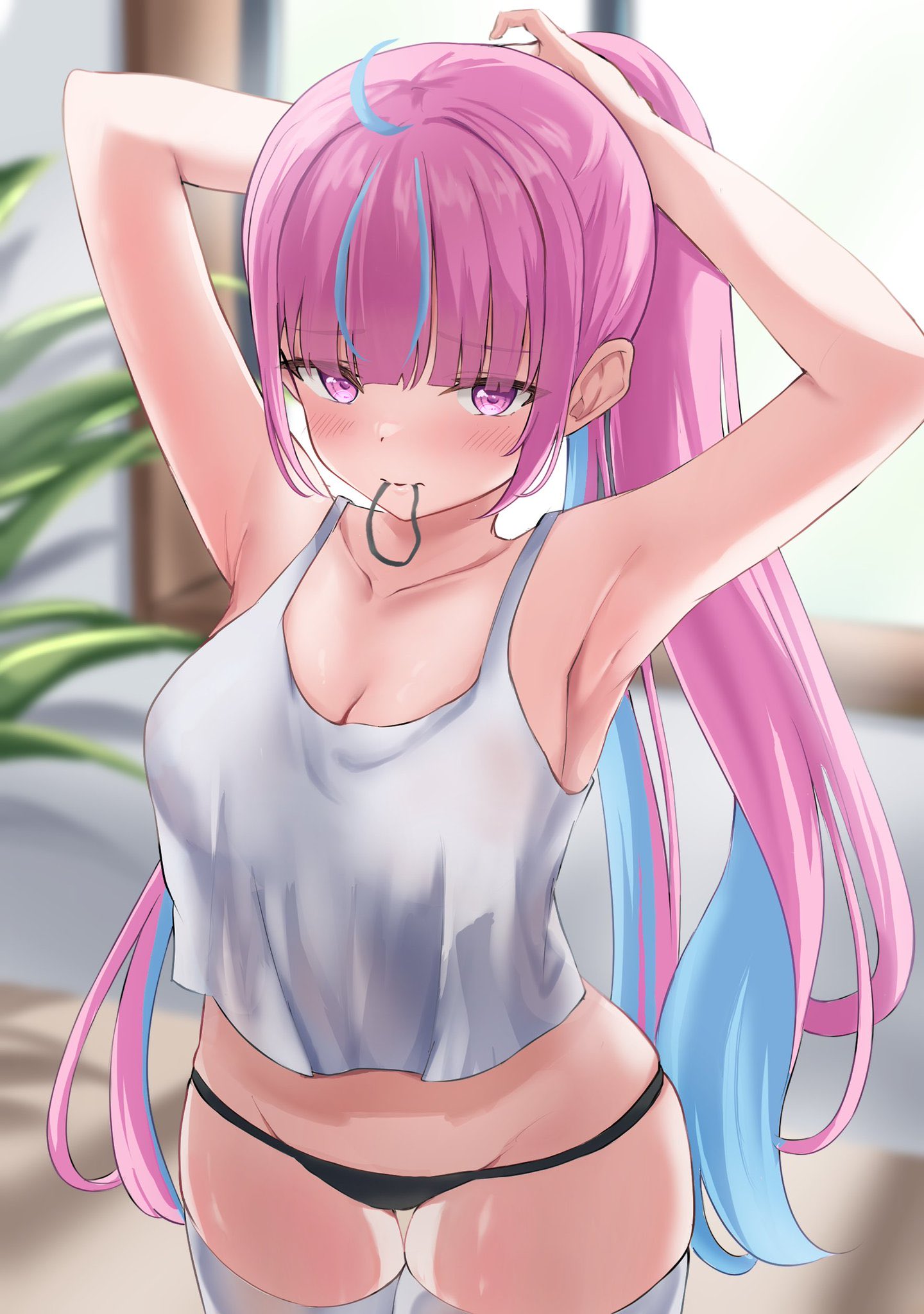 ahoge, armpits, arms up, bare shoulders, black panties, blue hair, blush, breasts, cleavage, collarbone, colored inner hair, commentary, cowboy shot, day, female, highres, hololive, hololive gen 2, hololive japan, indoors, large breasts, long hair, looking at viewer, medium breasts, midriff peek, minato aqua, multicolored hair, panties, pink hair, ponono desu, ponytail, purple eyes, solo, streaked hair, tank top, thick thighs, thighhighs, thighs, two-tone hair, tying hair, underwear, virtual youtuber, white tank top, white thighhighs