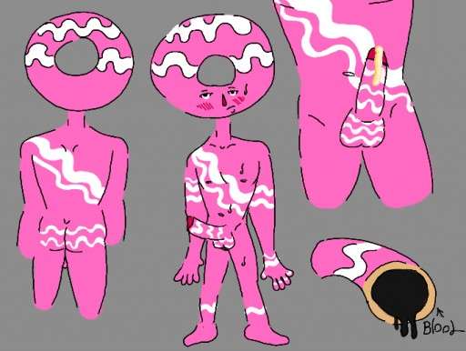 black_blood custard_cum donut donut_dothat_(original_character) donut_head food_creature food_head food_humanoid naked_male penis_out pink_skin pinwheelstar_(artist) reference_sheet unusual_cum white_stripes