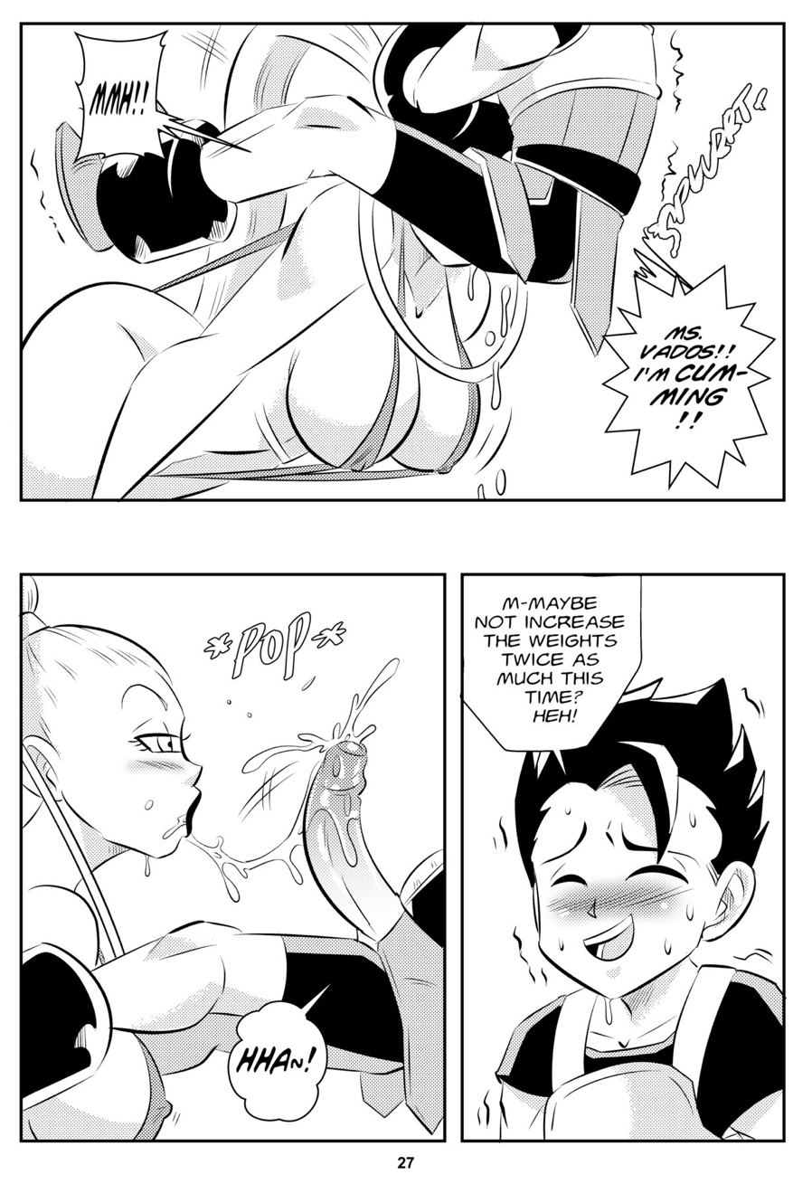 1boy 1girls angel_(dragon_ball) big_breasts black_and_white blush breasts cabba comic cum cumming dragon_ball dragon_ball_super fellatio funsexydragonball monochrome nipples page_27 ponytail saiyan sucking_penis sweating vados