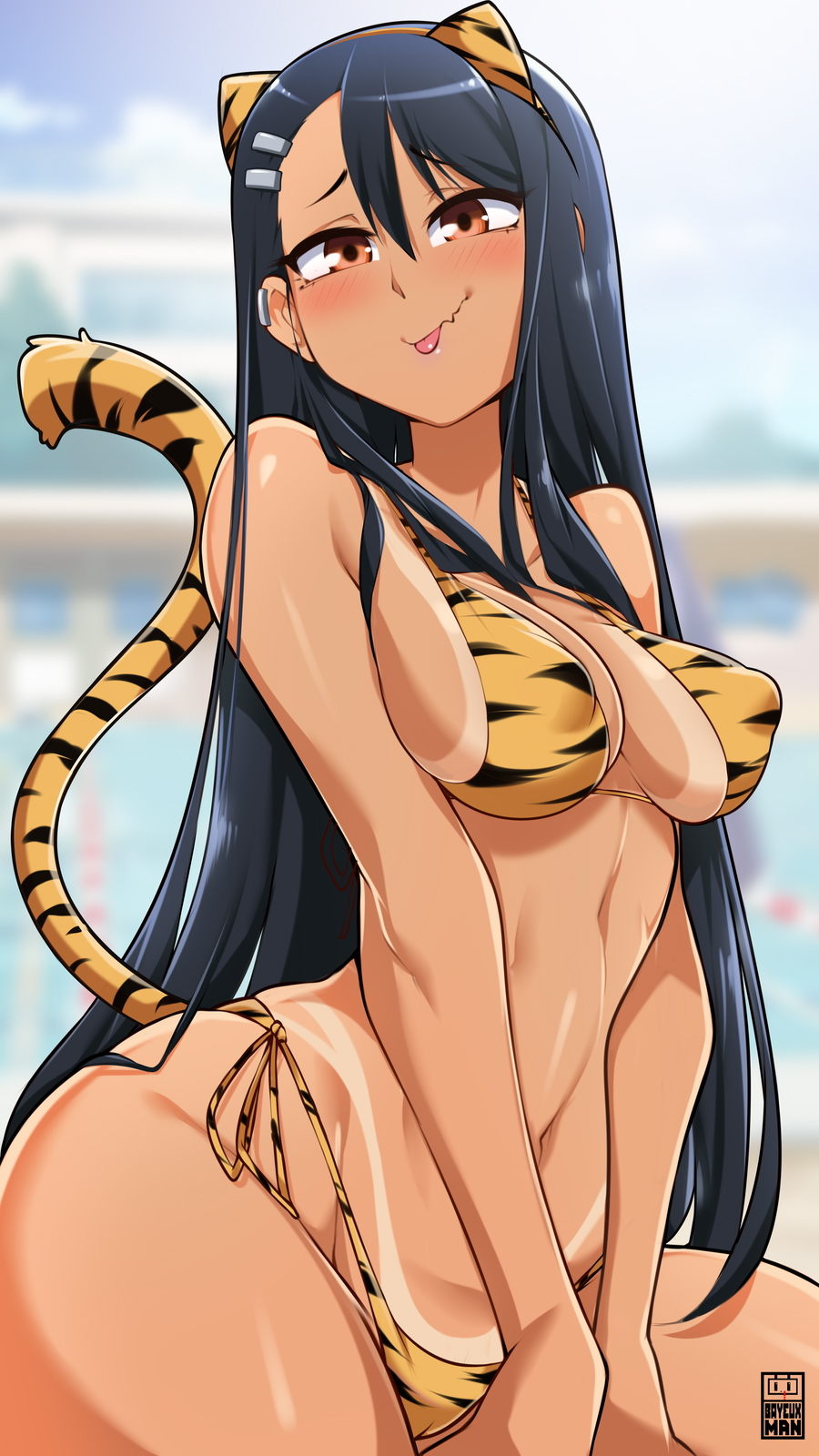 1girls bayeuxman bikini black_hair blush brown_eyes cat_ears cleavage clothed clothing curvy earrings female female_only hayase_nagatoro long_hair looking_at_viewer medium_breasts navel please_don't_bully_me,_nagatoro pose revealing_clothes seductive tail tan tan-skinned_female tan_skin tanline tanlines tanned tiger_ears tiger_print tiger_print_bikini tiger_tail tongue_out watermark wide_hips