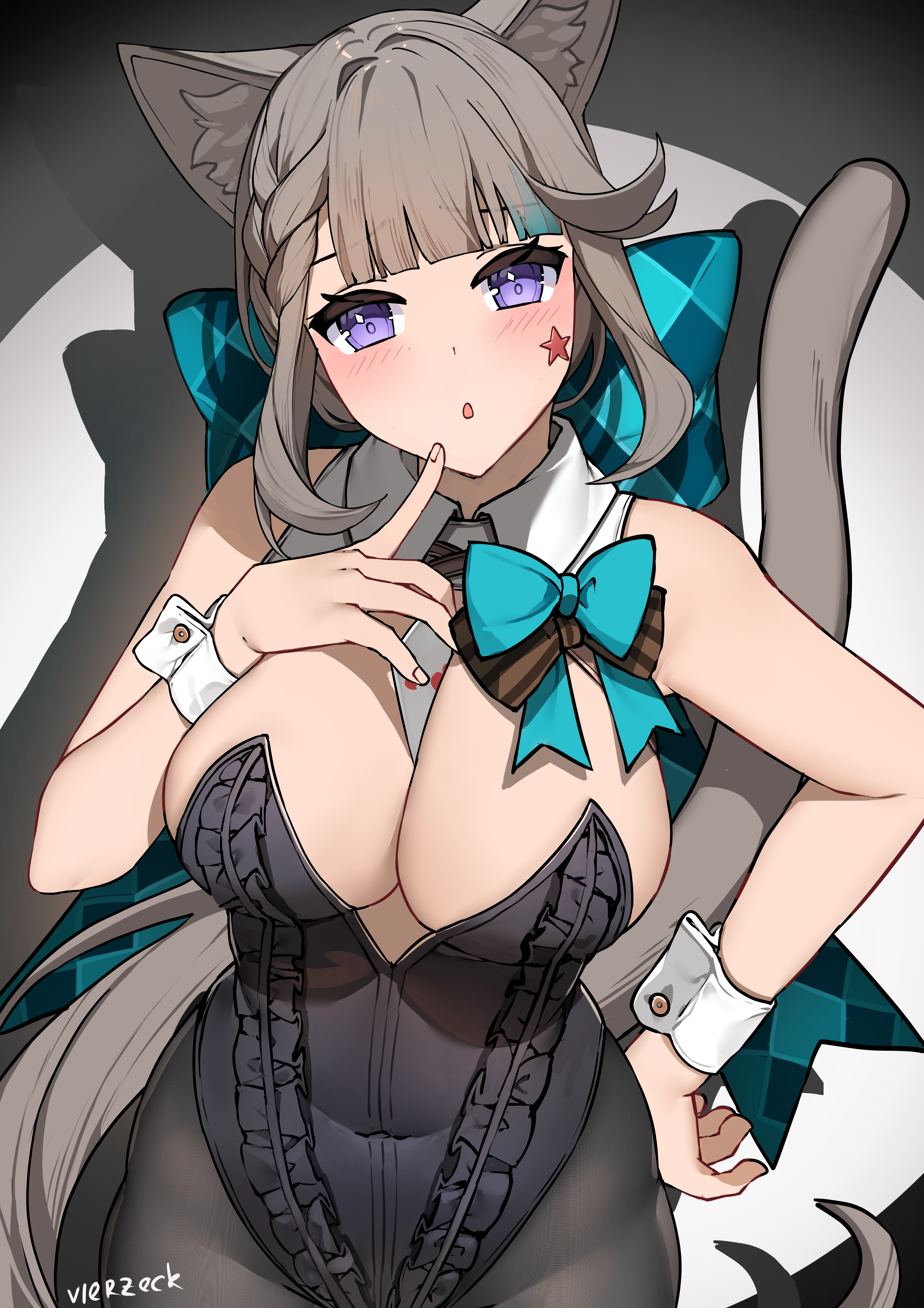 1girls, alternate breast size, big breasts, breasts, cat ears, cat tail, female, genshin impact, grey hair, leotard, lynette (genshin impact), pantyhose, purple skin, solo, vierzeck
