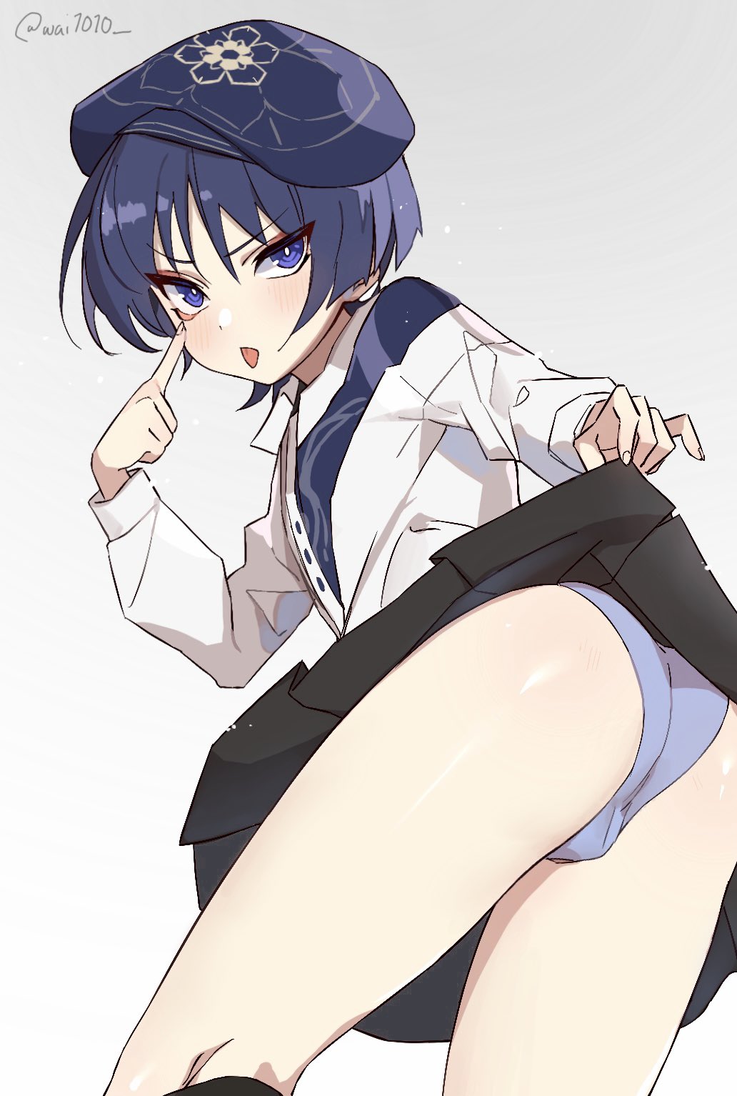 1boy ass bare_thighs blue_eyes blue_hair bowl_cut bulge crossdressing dat_ass femboy from_behind genshin_impact hat hi_res looking_at_viewer male male_focus male_only panties rear_view scaramouche_(genshin_impact) skirt thighs tongue tongue_out twink underwear upskirt wai1010