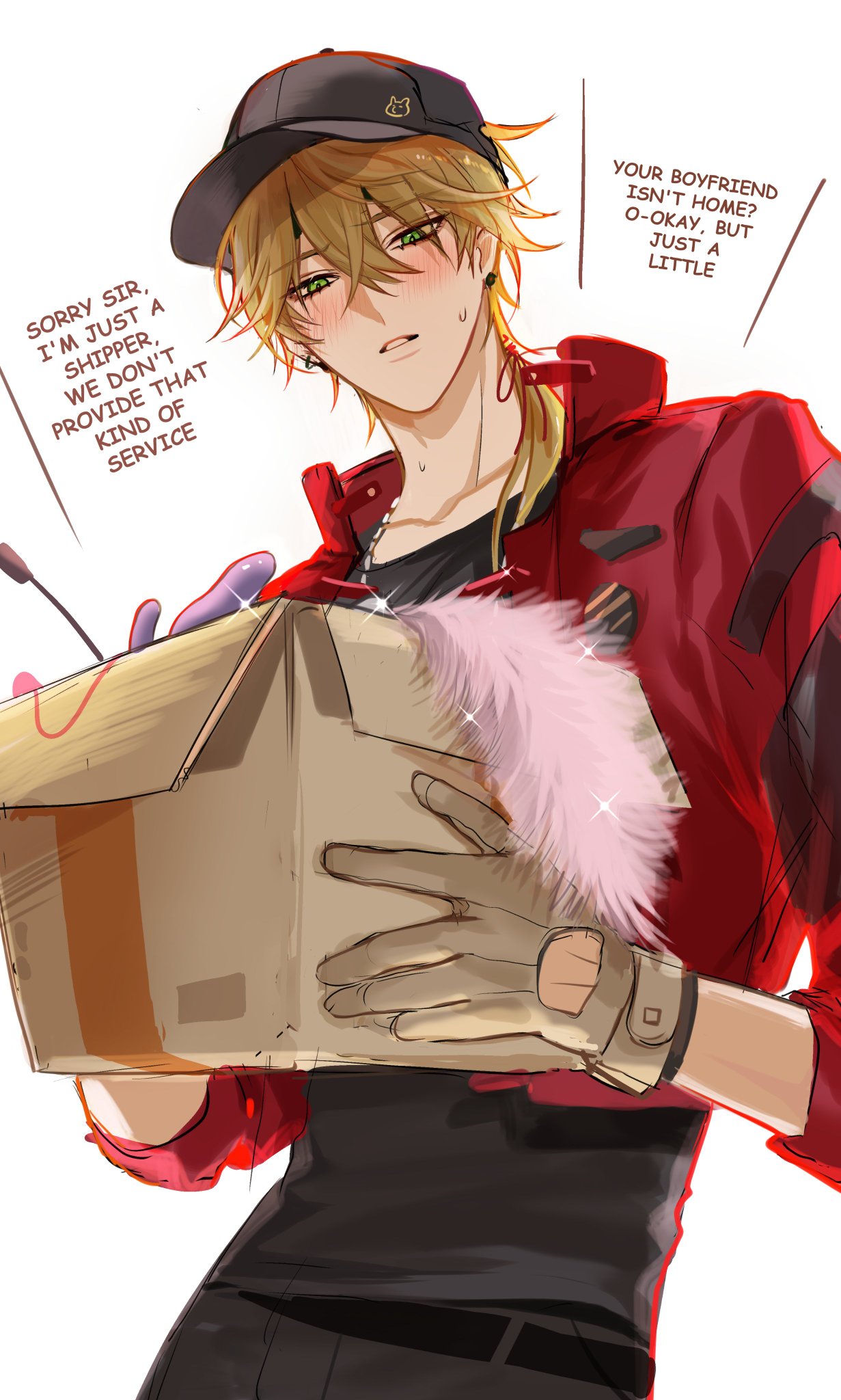 1boy blonde_hair blush box clothing delivery_boy delivery_employee employee_uniform english_text fully_clothed gay genshin_impact gloves green_eyes hat jacket looking_at_viewer male_only pnk_crow ponytail sex_toy solo sweat text_bubble thoma_(genshin_impact) yaoi