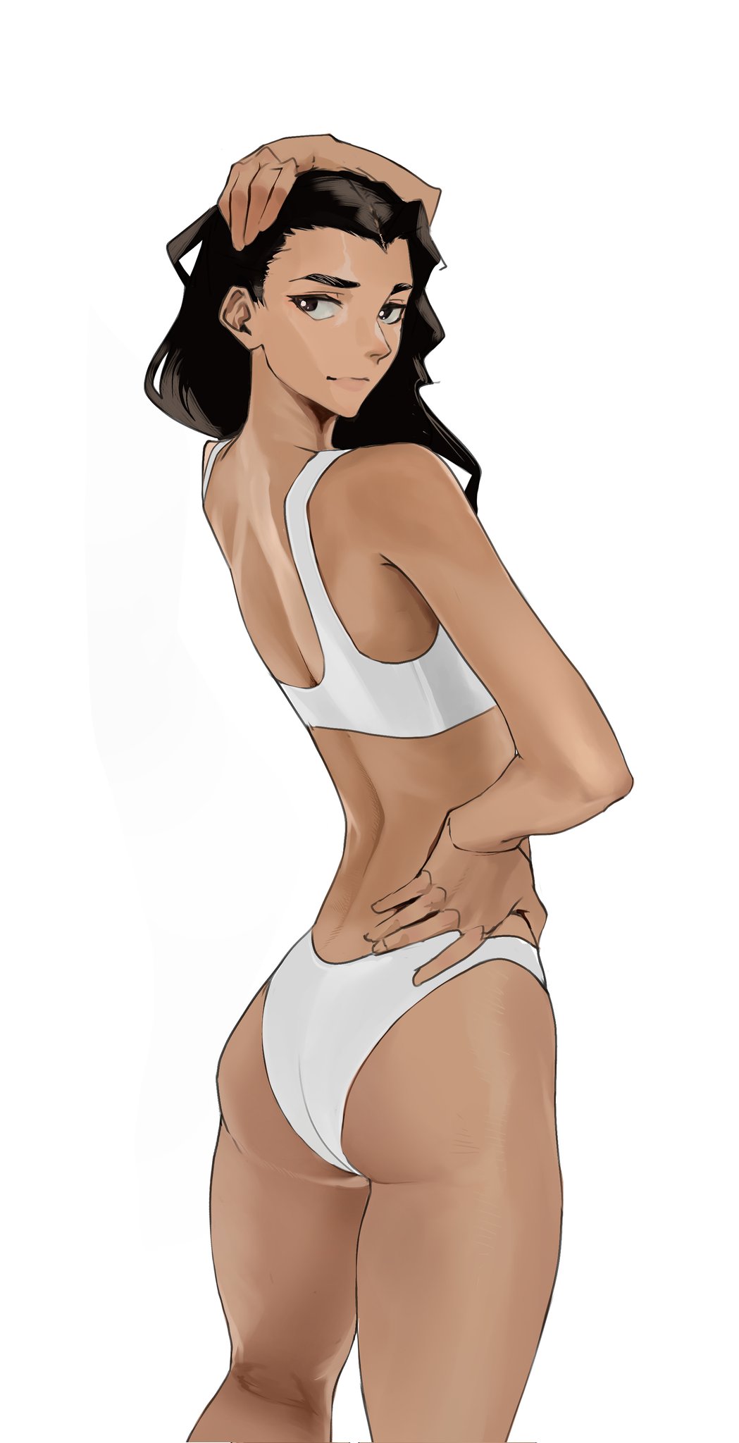 ass black_eyes black_hair long_hair small_waist swimsuit swimwear tbocart underwear white_panties