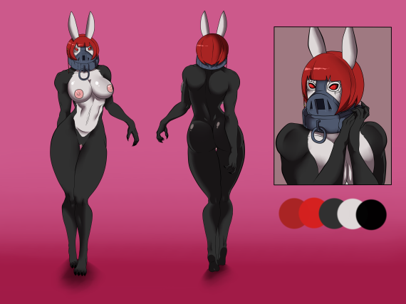 anthro ass black_body black_fur breasts collar curvy_figure female front_view fur hair lagomorph leporid mammal metal_collar metal_mask model_sheet nipples pink_background pink_nipples rabbit raving_rabbids rayman_(series) rear_view red_eyes red_hair serguei simple_background solo solo_focus ubisoft white_body white_fur yonooshi