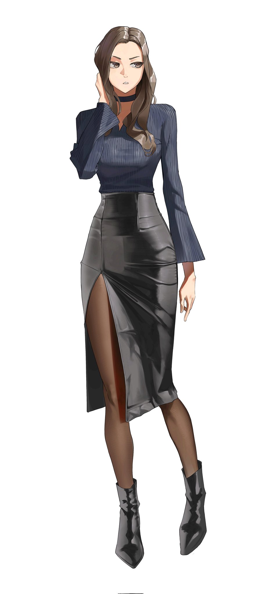 boots brown_hair collar elegant elegant_dress formal formal_wear long_hair long_legs long_skirt long_sleeves skirt tagme tbocart tight_clothing tight_skirt tights