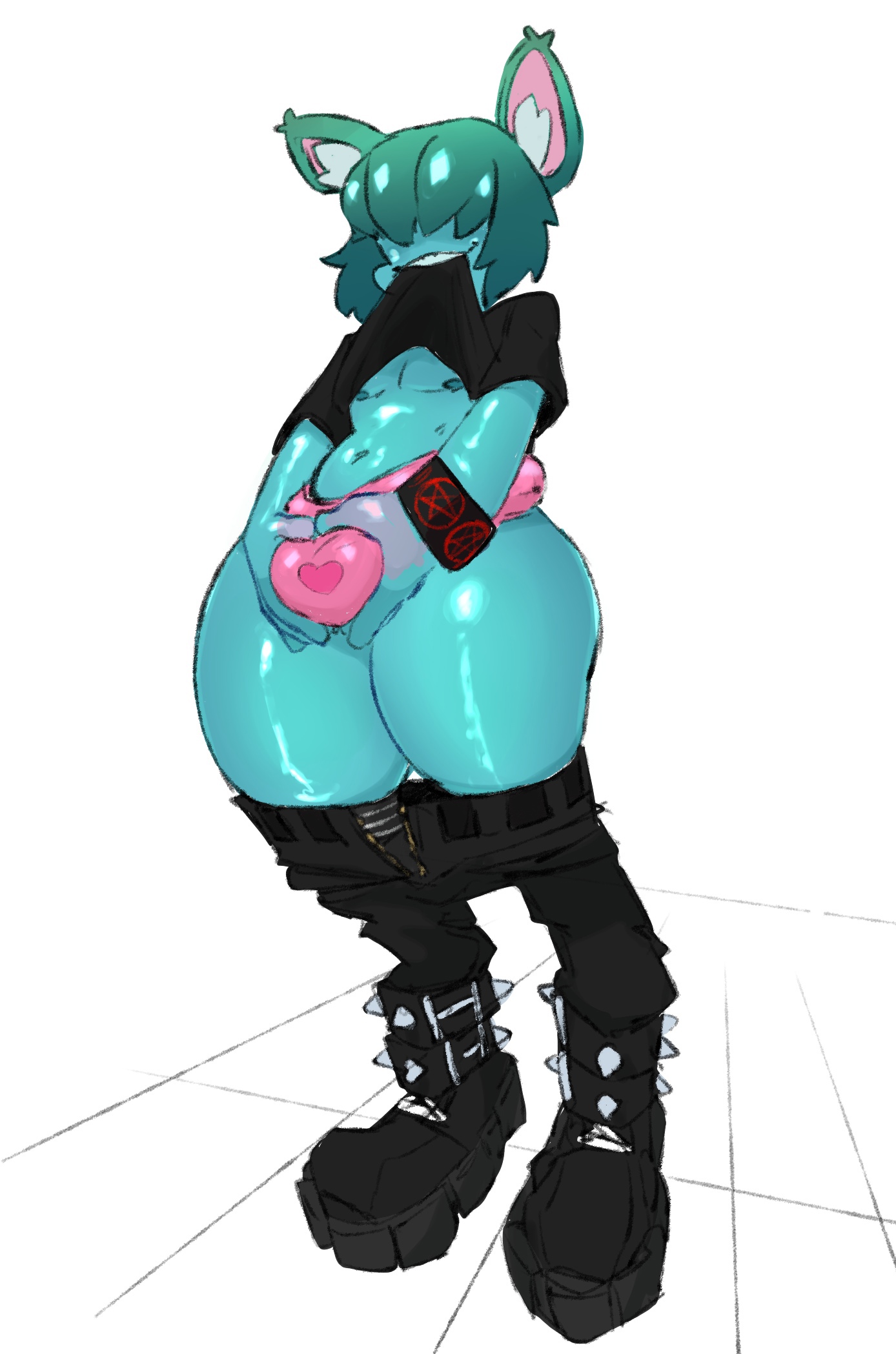 1boy, androgynous, balls, balls in panties, balls under clothes, belly, big boot, big penis, blue hair, blue skin, boots, bulge, half naked, lifting shirt, male, marcus (annacrazytoivo), penis, penis shaped bulge, penis under clothes, pink panties, pulling down pants, remiman, skinny, slime, slime boy, stockings, thick thighs, visible penis shape, young