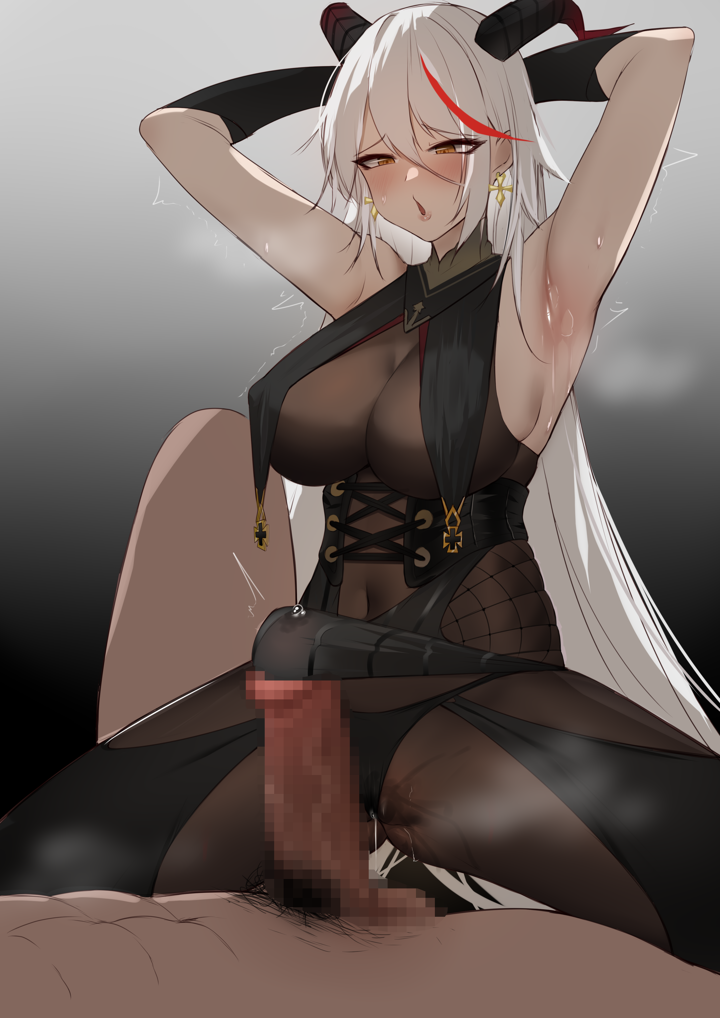 1boy, 1girls, aegir (azur lane), armpits, arms behind head, aroused, ass, azur lane, big breasts, bodystocking, breast curtains, breasts, censored, curvaceous, curvy, dark skin, dark-skinned male, female, frottage, grinding, grinding on penis, horns, horny, huge breasts, humping, long hair, looking at penis, male, male pubic hair, mature female, milf, penis, penis under another's clothes, precum, pubic hair, pussy, pussy juice, pussy juice drip, pussy juice drip through clothes, red highlights, rubbing penis, rubbing penis on pussy, see-through, see-through clothing, steam, steaming body, steamy, steamy breath, sweat, sweating, sweaty, thick ass, thick thighs, throbbing penis, tiankong pie ai, transparent clothing, voluptuous, wet pussy, white hair, yellow eyes