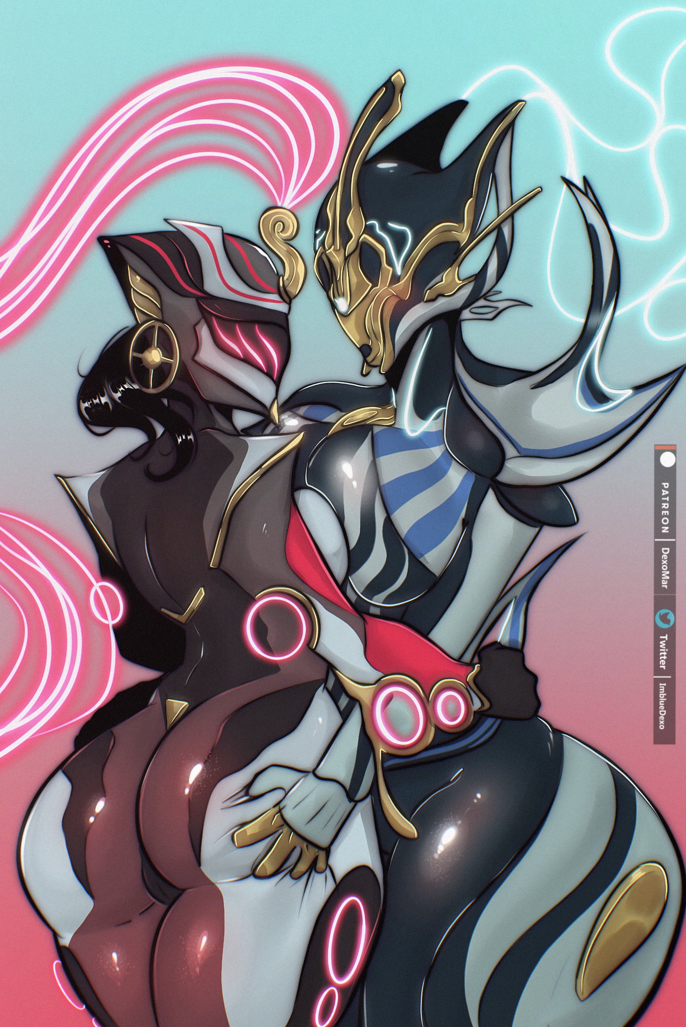 2d_(artwork) 2girls ass ass_grab banshee_(warframe) banshee_prime_(warframe) black_hair breast_size_difference breasts breasts_frottage child_bearing_hips dat_ass duo duo_female hips huge_breasts ladydexo_(artist) large_ass large_breasts lesbian medium_breasts octavia_(warframe) octavia_prime_(warframe) warframe wide_hips yuri