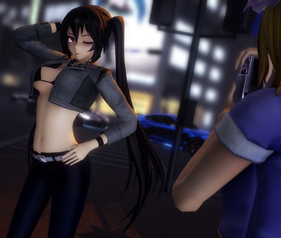 big_breasts black_hair camera fanloid mmd photoshoot public red_eyes zatsune_miku