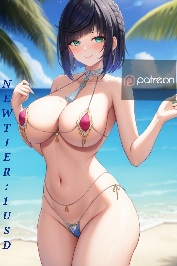 ai_generated beach blue_eyes blue_hair genshin_impact large_breasts short_hair smiling venus_bikini yelan_(genshin_impact)