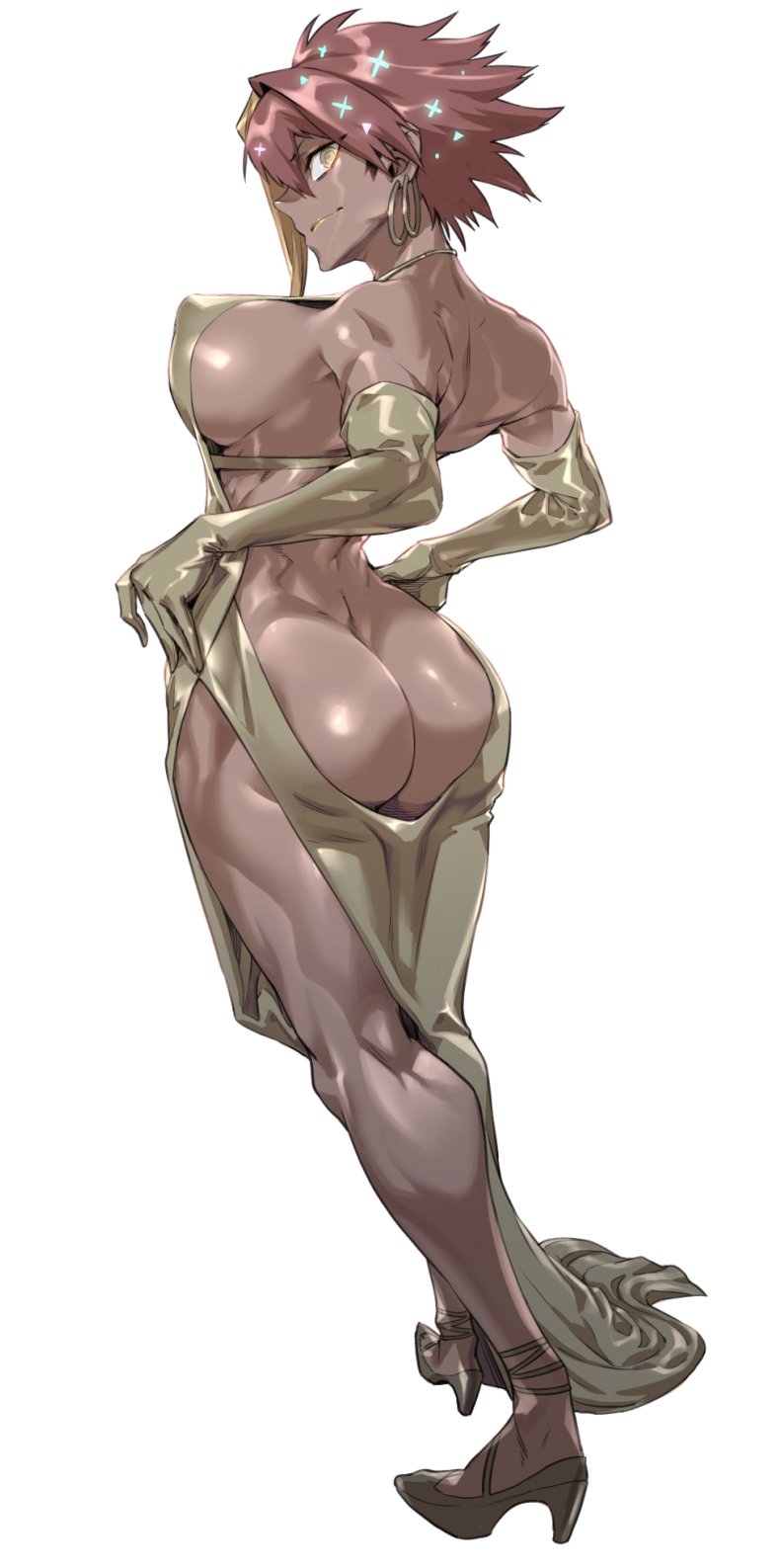 2d_(artwork) ass breasts brown_hair clothing earrings elbow_gloves erect_nipples erect_nipples_under_clothes hips large_ass large_breasts looking_at_viewer marle_barrock muscular_female muscular_thighs nipples official_art reincarnation_colosseum revealing_clothes simple_background thighs tomboy white_background yellow_eyes zunta