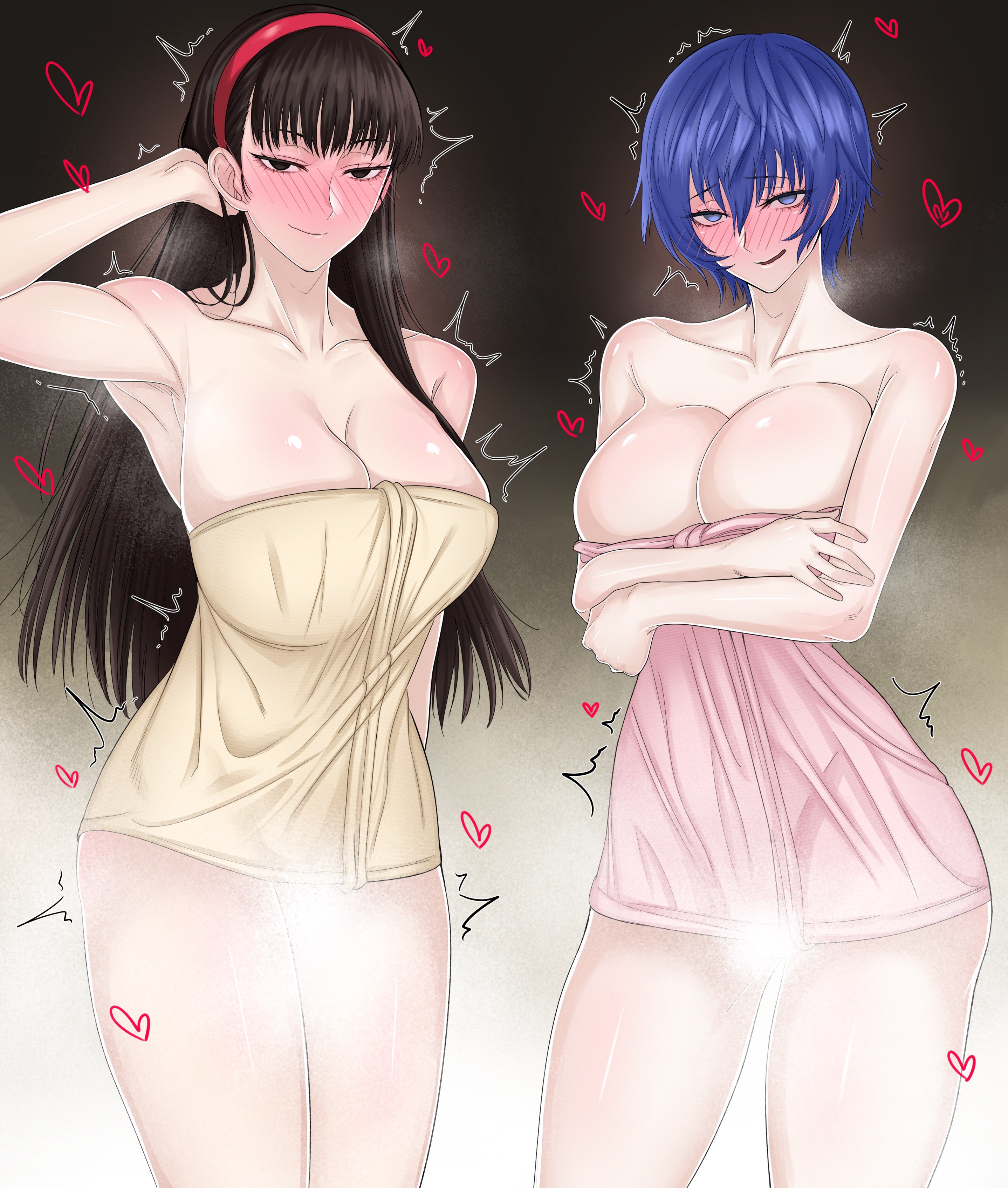 2girls, amagi yukiko, atlus, breasts, female, female only, horny, horny female, looking at viewer, lust, lustful gaze, persona, persona 4, shirogane naoto, tagme