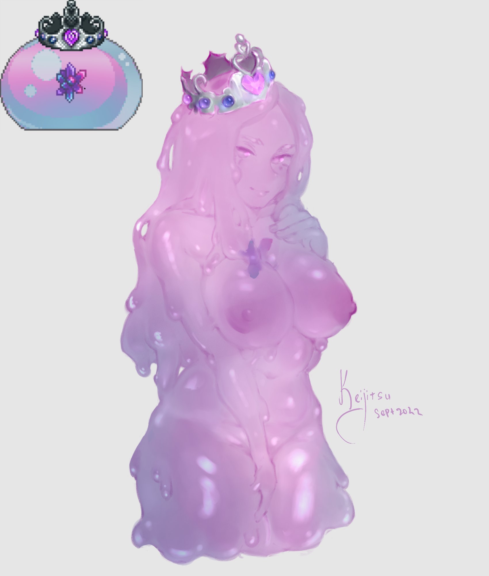 1girls, 2022, artist request, big breasts, breasts, crown, female, keijitsu, long hair, nipples, no humans, nude, pink body, queen slime, slime, slime girl, solo, terraria