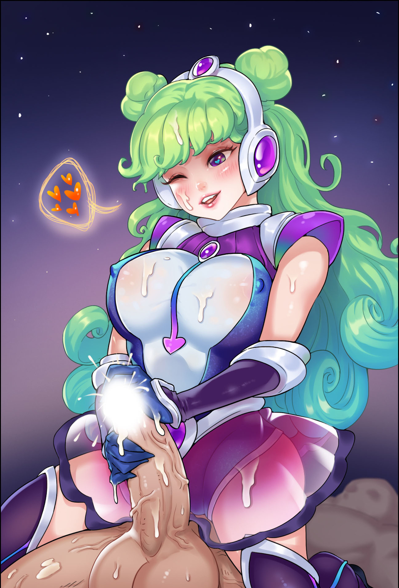 1girls breasts cotoomic cowgirl_position cum green_hair heart league_of_legends luxanna_crownguard masturbation penis smile space_groove_lux space_groove_series