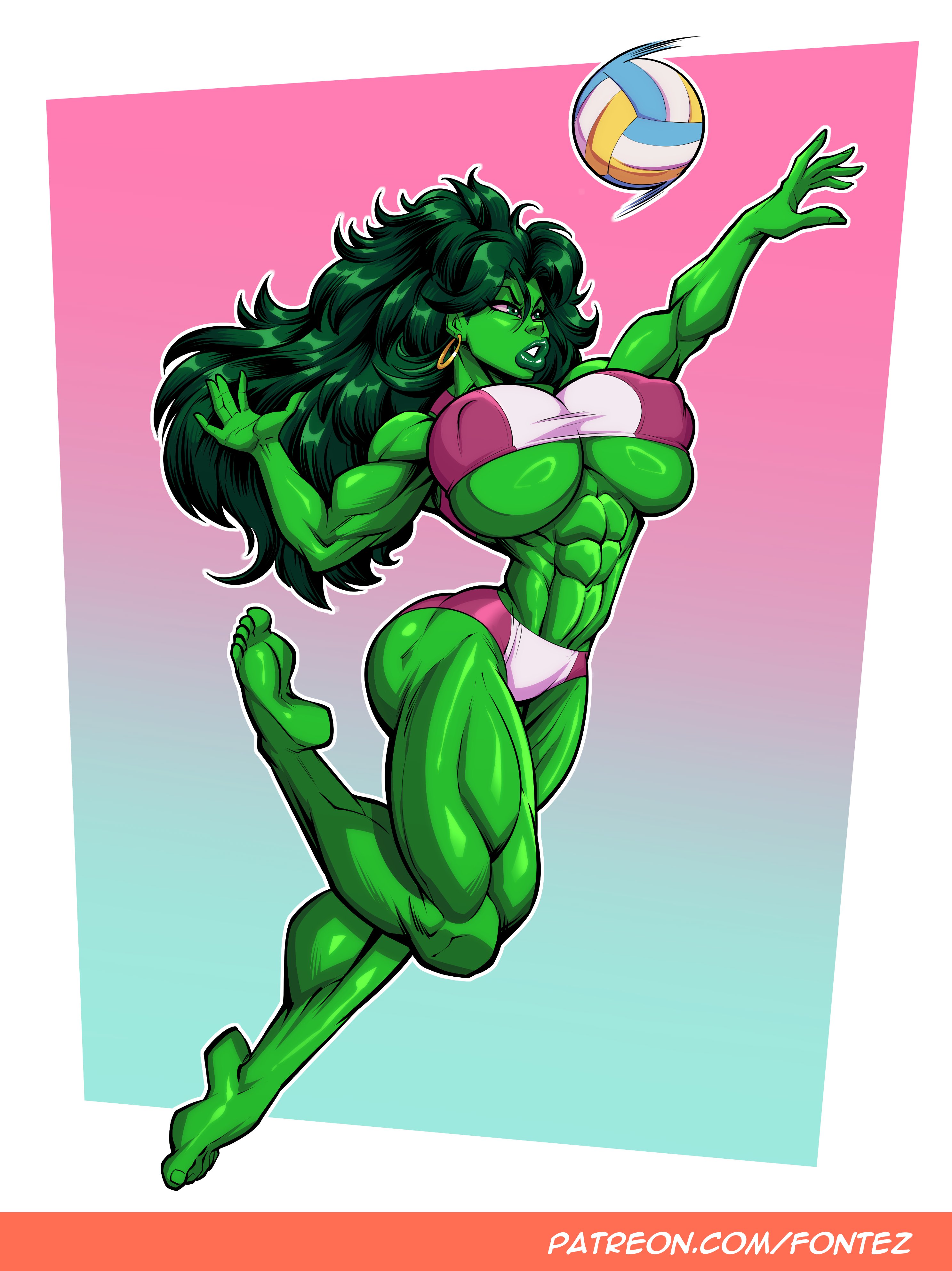 1girls, 2023, abs, artist name, ass, barefoot, barely contained breasts, big ass, big breasts, big hair, breasts, earring, feet, female, female only, fontez, green body, green eyes, green hair, green skin, green-skinned female, hoop earring, huge breasts, hulk (series), legs, lips, long hair, marvel, marvel comics, muscles, muscular, muscular female, muscular thighs, patreon username, revealing clothes, she-hulk, solo, sportswear, tagme, underboob, volleyball