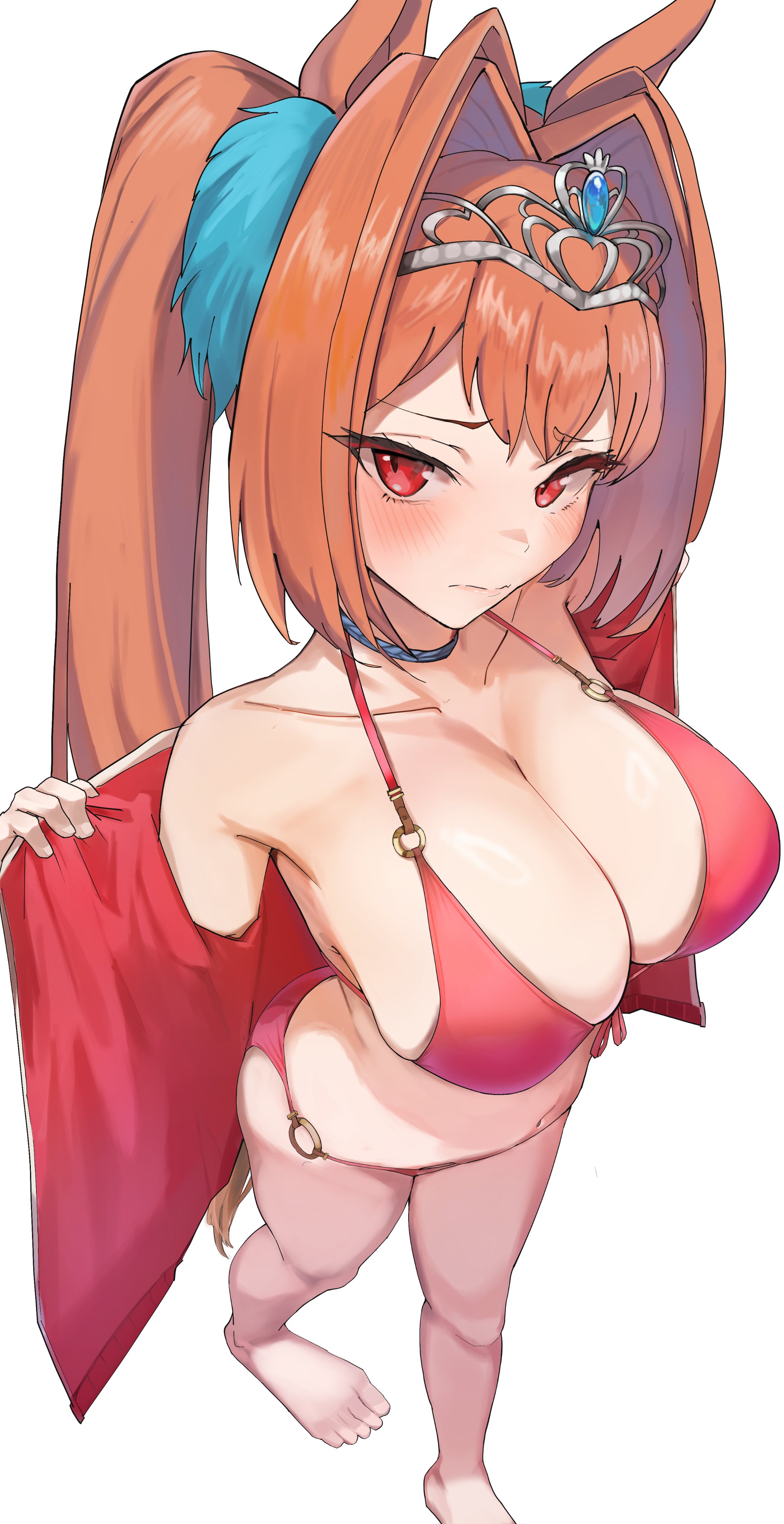 amepa (ame pinecandy), barefoot, bikini, blush, breasts, collar, daiwa scarlet (umamusume), embarrassed, female, from above, huge breasts, jacket partially removed, looking to the side, off shoulder, swimsuit, umamusume
