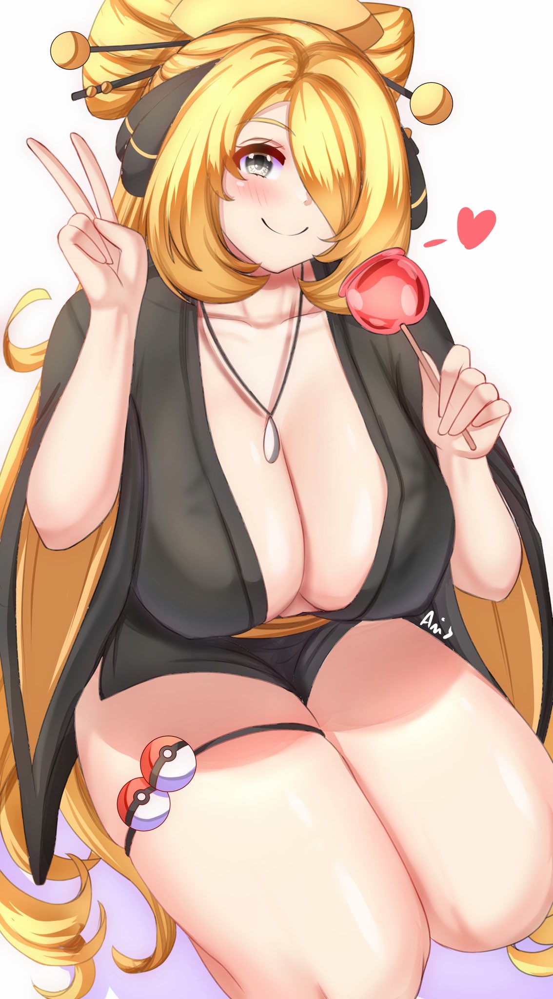 anisdrawn, blonde hair, breasts, cynthia (pokemon), female, female only, large breasts, nintendo, pokemon, solo