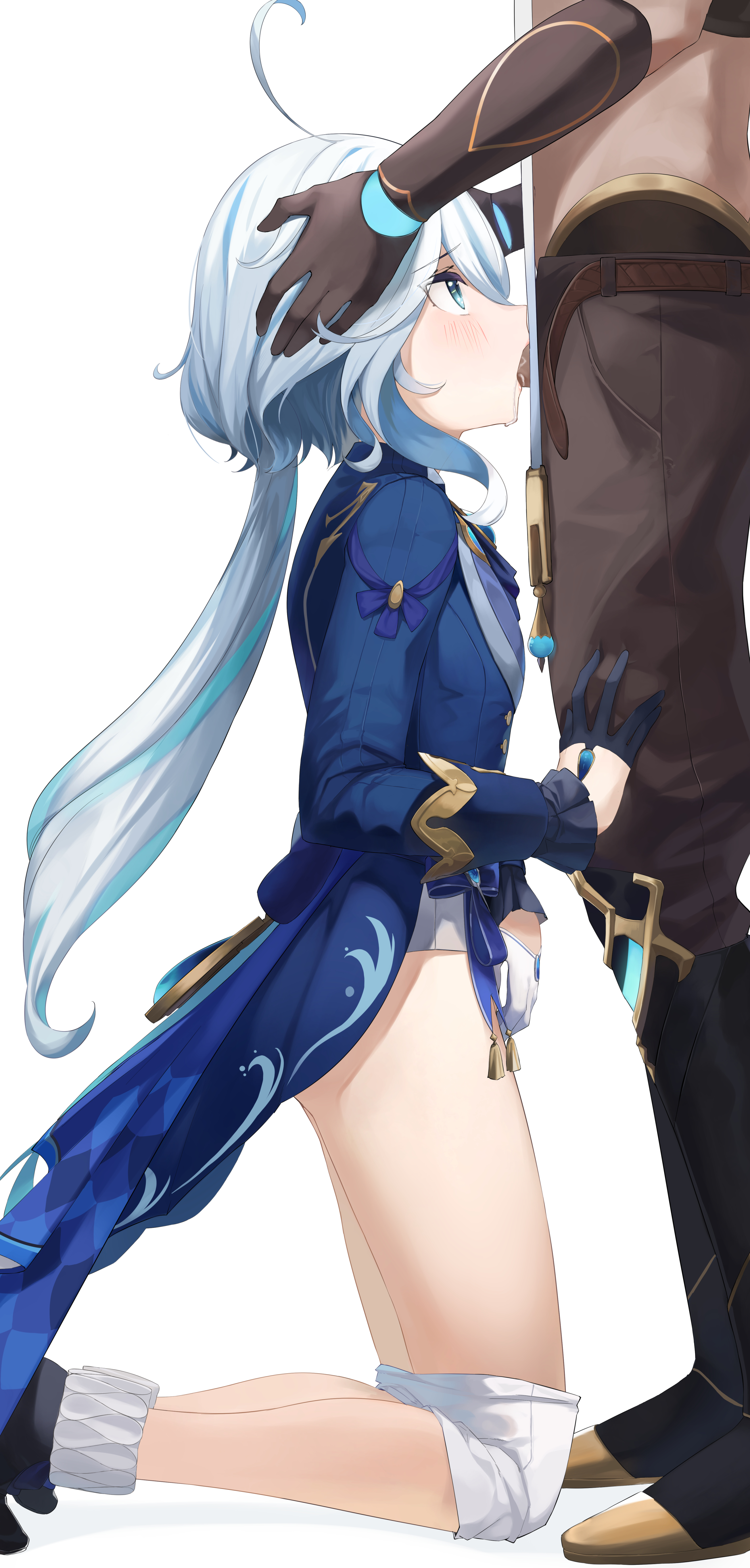 1boy, 1girls, 2d, aether (genshin impact), blowjob, cum drip, cum in mouth, deepthroat, fellatio, female, furina (genshin impact), genshin impact, head grab, male, on knees, open mouth, oral, shorts, shorts down, white background, yattsu