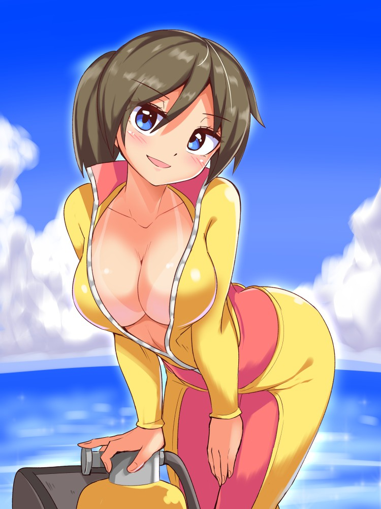 1girls blue_eyes blue_sky blush blushing blushing_at_viewer blushing_female brown_hair clothed clothed_female cloud clouds cloudy_sky cougar1404 diving_suit endless_ocean_(series) endless_ocean_2 eyes female female_only fingers light_skin light_skinned_female mouth mouth_open nails neck nintendo ocean oceana_louvier oceane_rouvier open_clothes open_clothing oxygen_tank seaside sky smile smiling smiling_at_viewer solo water wetsuit yellow_clothes yellow_clothing zipper_down