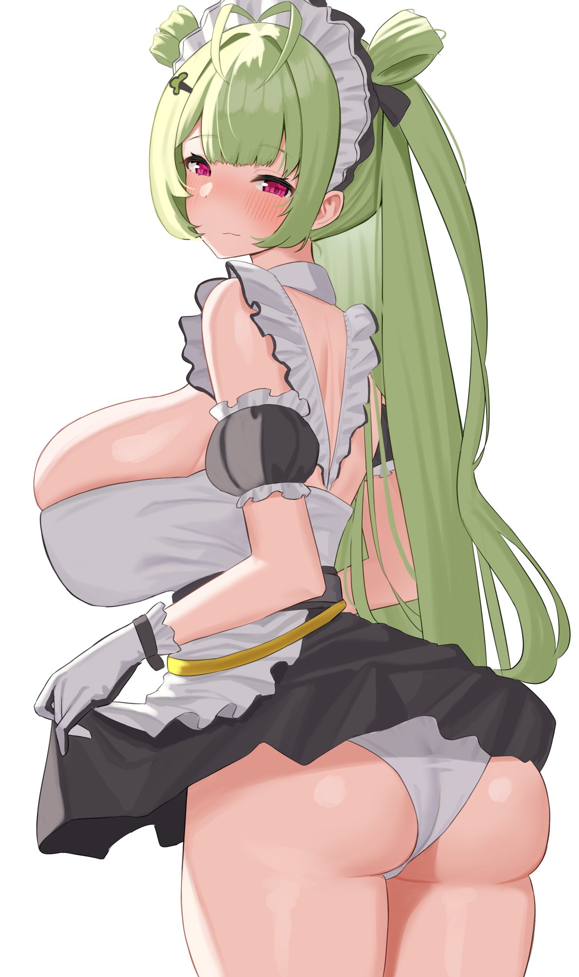 1girls antenna_hair ass ass_focus back backless_outfit black_skirt blunt_bangs blush breasts cowboy_shot female from_behind gloves goddess_of_victory:_nikke green_hair hair_bun headwear hi_res huge_breasts lifted_by_self long_hair looking_at_viewer maid maid_apron maid_headdress miniskirt panties purple_eyes sideboob sidelocks simple_background skindentation skirt skirt_lift soda_(nikke) underwear white_background white_gloves white_panties xi_oshir1