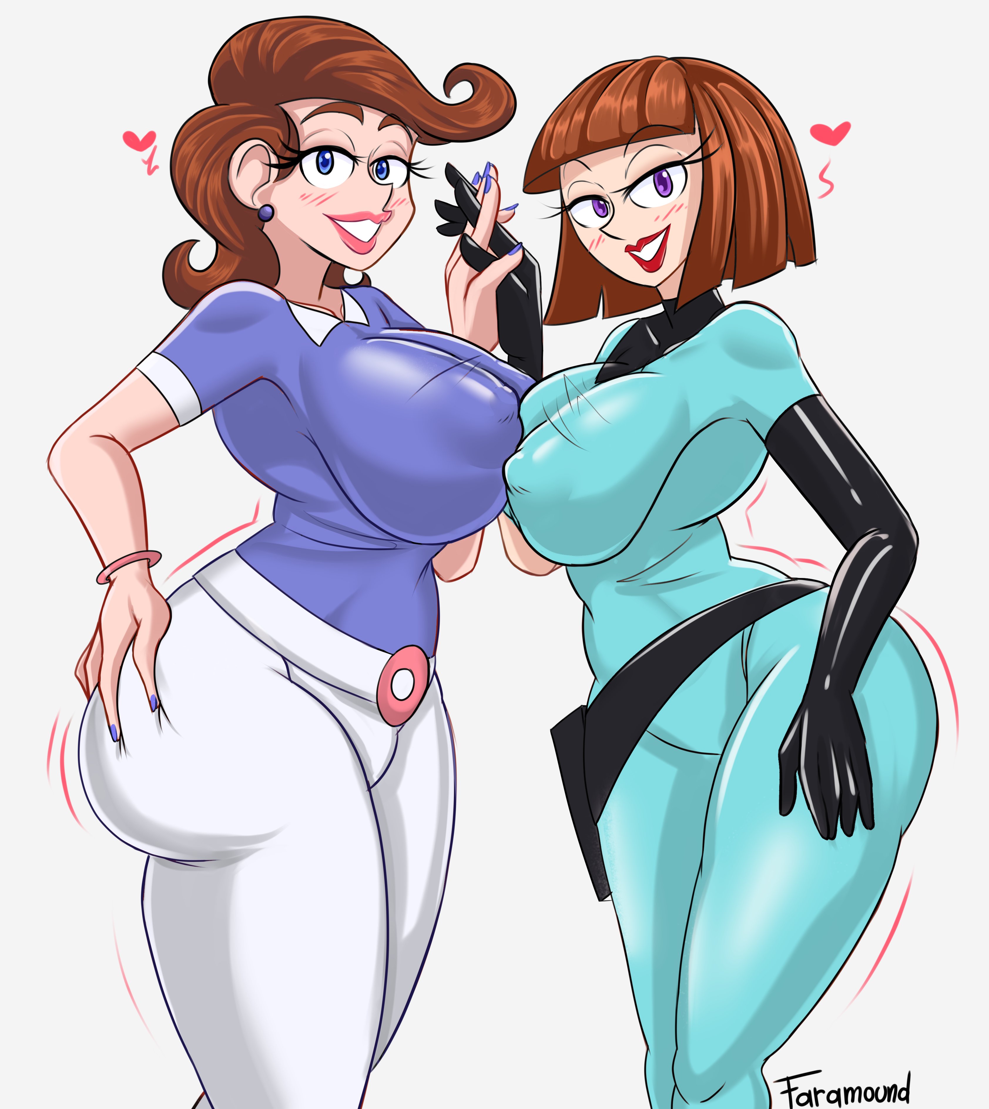 2girls, 2milfs, alternate version available, ass, big ass, big breasts, blue eyes, blush, bodysuit, bottomwear, breast to breast, breasts, brown hair, clothing, danny phantom, ear piercing, earrings, erect nipples, faramound, female, female only, hand holding, hand on ass, heart, huge breasts, lips, lipstick, madeline fenton, mature female, milf, mother, motion lines, multiple females, multiple girls, nail polish, nails, nipples, pants, pink lips, pink lipstick, purple eyes, purple nail polish, purple nails, purple shirt, red lips, red lipstick, shirt, short hair, the fairly oddparents, thick lips, timmy's mom, topwear, white pants, wide hips